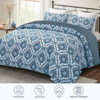 Exclusivo Mezcla Reversible Boho Quilt Set Queen Size, 3 Pieces Damask Blue All Season Bedspreads, Ultra Soft Floral Coverlet Be