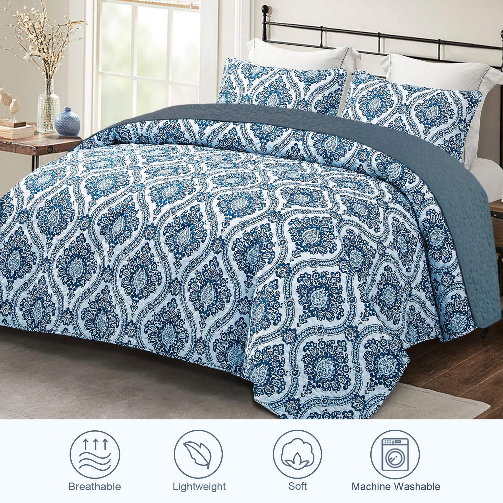 Exclusivo Mezcla Reversible Boho Quilt Set Queen Size, 3 Pieces Damask Blue All Season Bedspreads, Ultra Soft Floral Coverlet Be