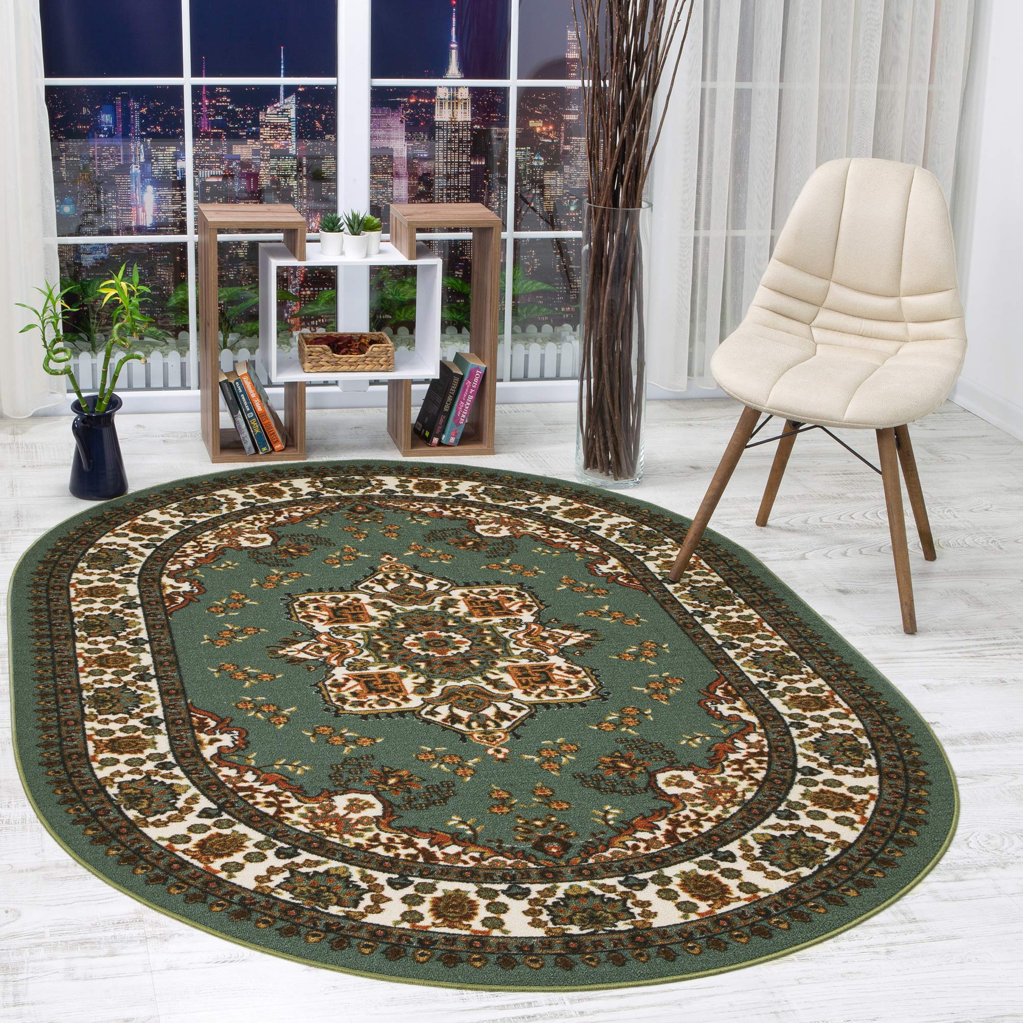 Antep Rugs Alfombras Oriental Traditional 5x7 Non-Skid (Non-Slip) Low Profile Pile Rubber Backing Indoor Area Rugs (Green, 5 x 