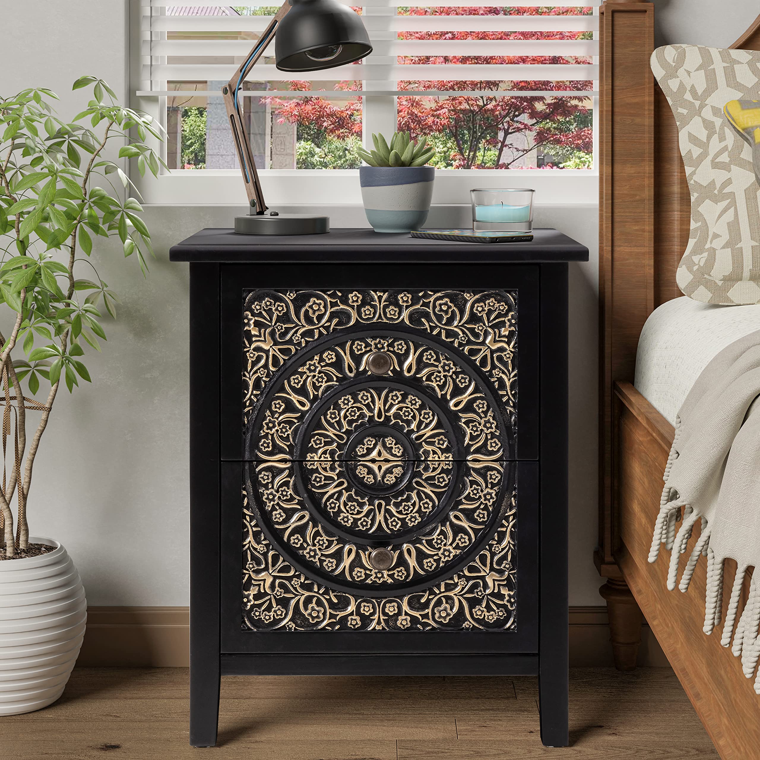 COZAYH 2-Drawer Fully-Assembled Flower Motif Nightstand for Small Spaces, French Country, Modern, Distressed Finish,Gold & Black