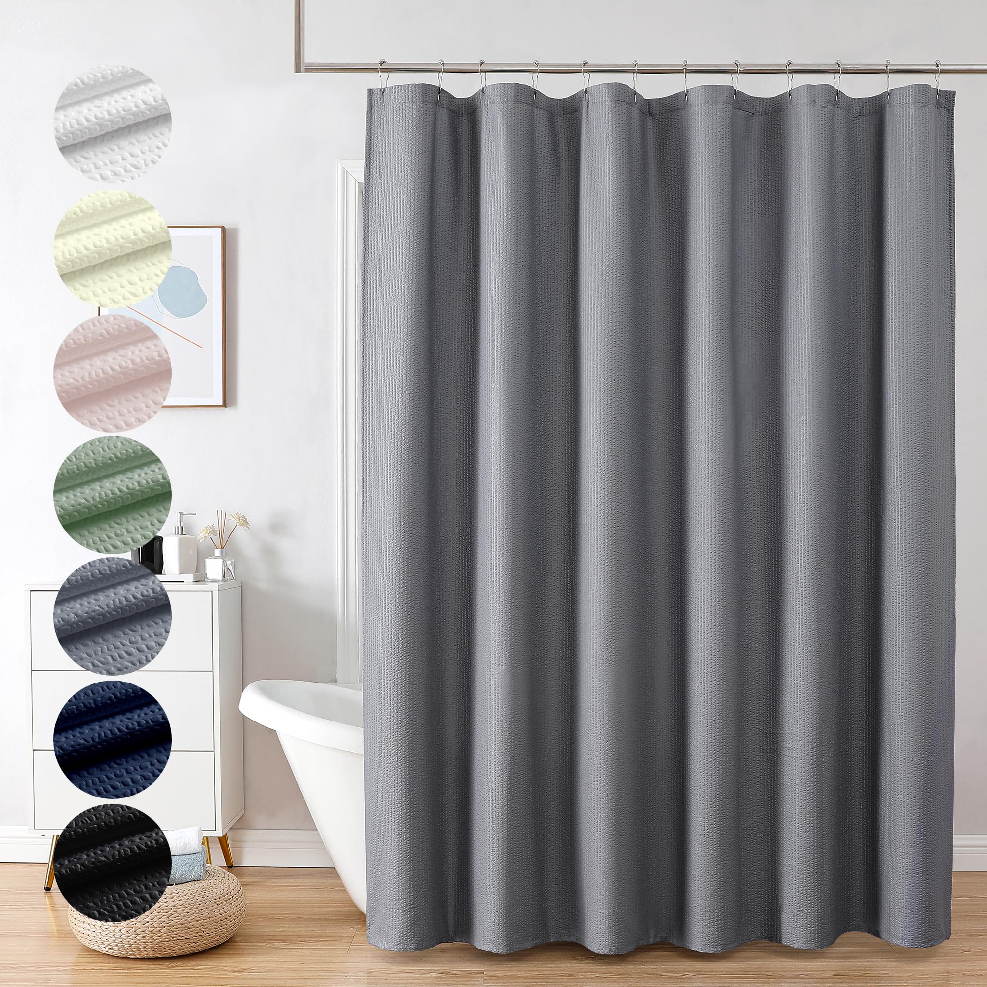 Ovzme Berry Grey Waffle Shower Curtain, 3D Embossed Textured Grey Fabric Shower Curtain For Bathroom, Water Resistant Washable H