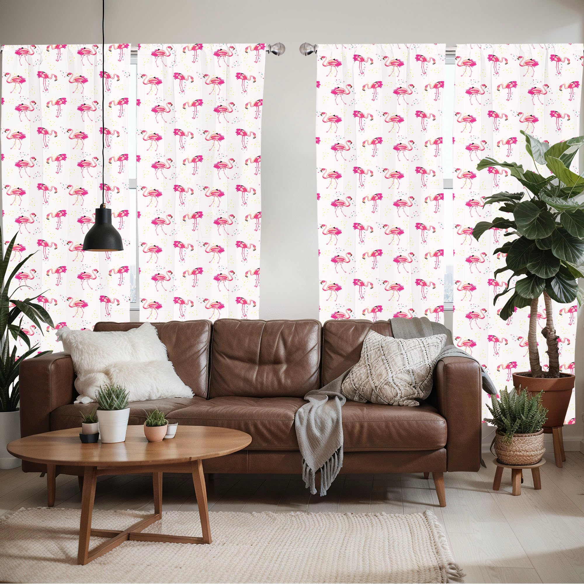 Ambesonne Flamingo Window Curtains Pack Of 2, Repetitive Pattern Of Hand Painted Tropic Birds And Spots, Lightweight Set With Ro