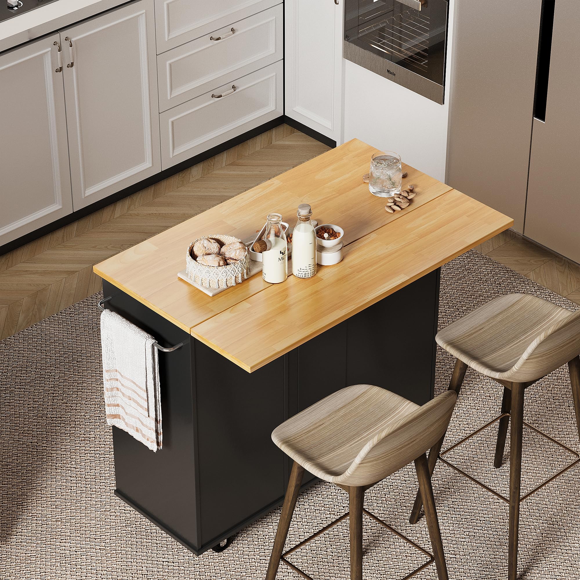 Shintenchi Rolling Kitchen Island Cart With Folding Drop Leaf Breakfast Bar, Portable Trolley Island With Large Storage Cabinet,