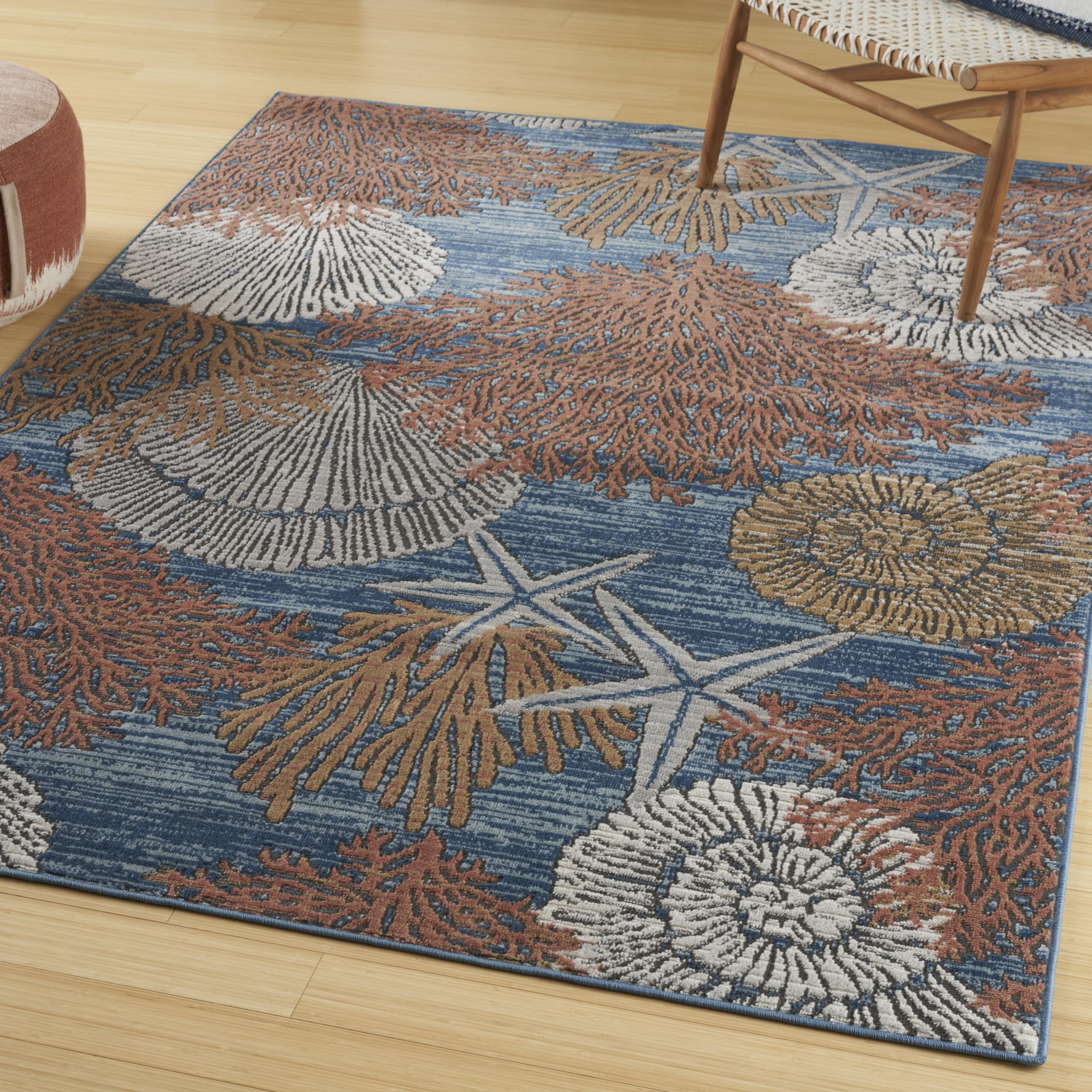 Nourison Pompeii Coastal, Nautical & Beach Blue Multicolor 53 x 73 Area Rug, Easy Clean, Non Shedding, Bed Room, Living Room, 