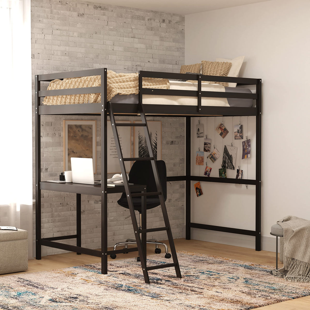 Flash Furniture Riley Loft Bed Frame with Desk - Espresso Wood Slats - Twin Size - Protective Guard Rails & Ladder - Kids and Teens - Space Saving Design