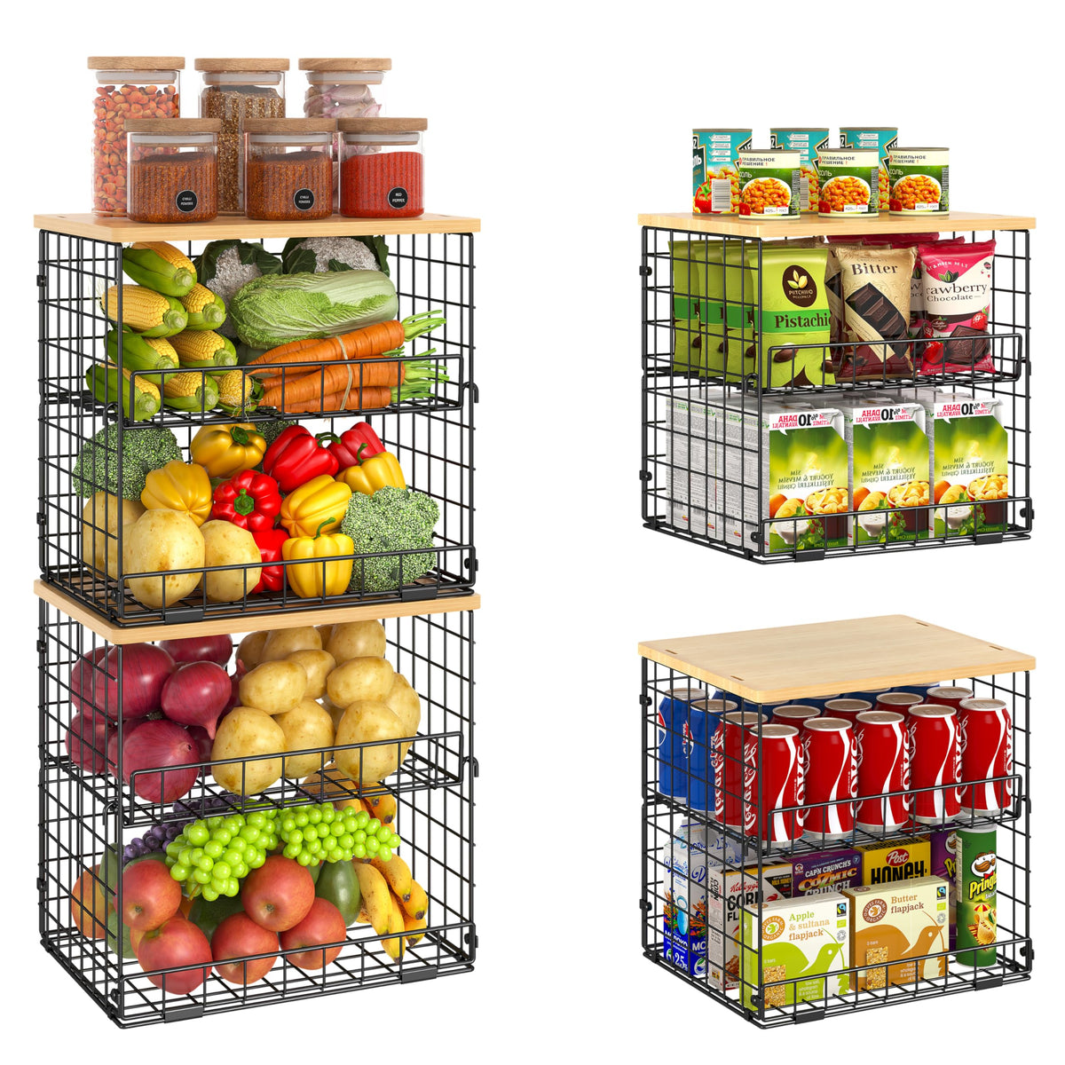 4 Pack Stackable Wire Baskets for Pantry Organizers and Storage, Pantry Baskets with Fixed Wooden Top, Fruit and Vegetable Stora