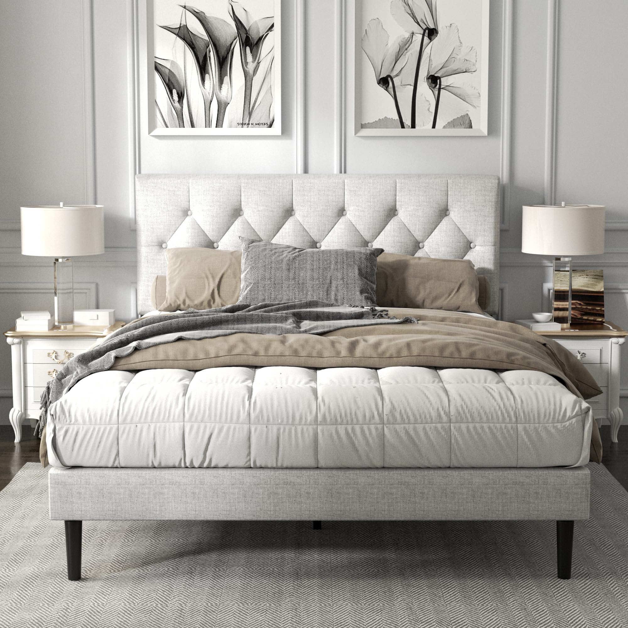 Haoara Queen Size Platform Bed Frame With Upholstered Button Tufted Headboard, Mattress Foundation With Wooden Slat Support, Noise Free, No Box Spring Needed, Easy Assembly, Light Grey