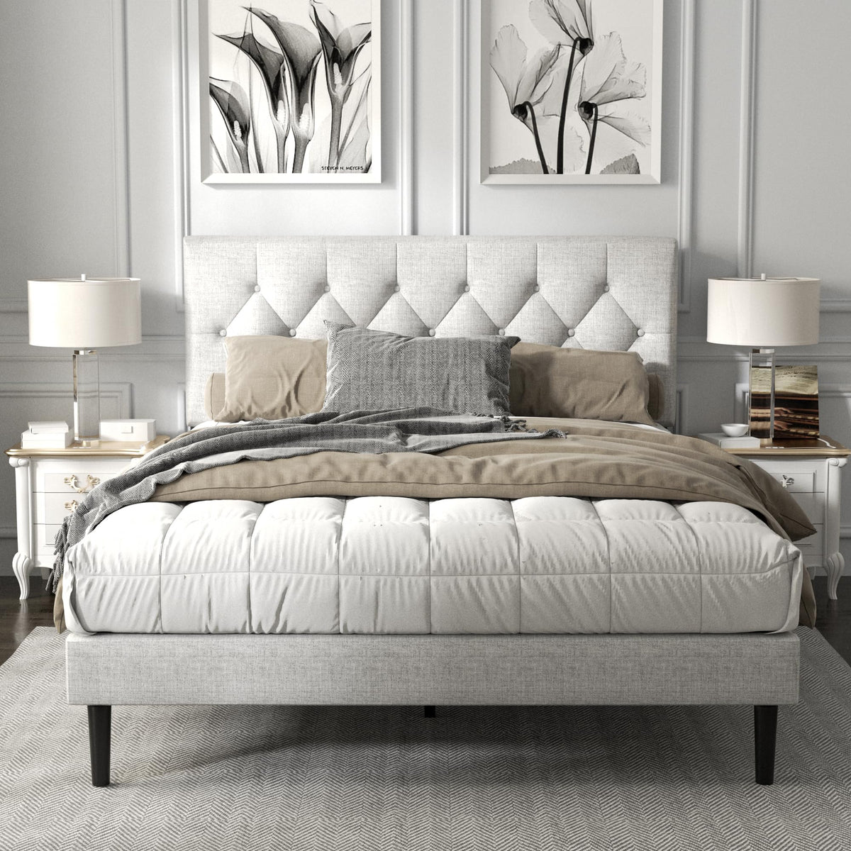 Haoara Full Size Platform Bed Frame With Upholstered Button Tufted Headboard, Mattress Foundation With Wooden Slat Support, Noise Free, No Box Spring Needed, Easy Assembly, Light Grey