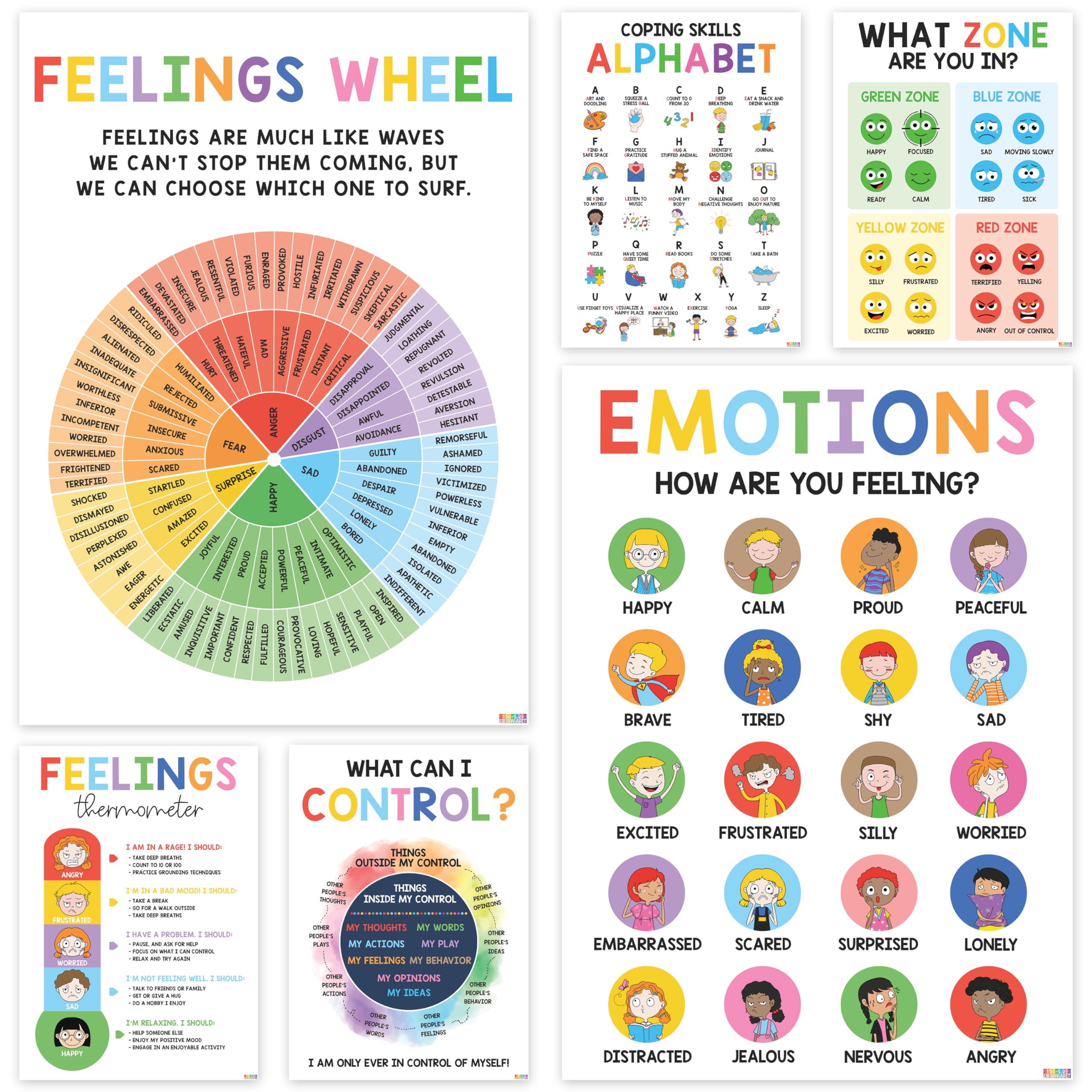 Beawart 6 Calming Corner Classroom Posters, Feelings Wheel Chart & Emotions Poster For Kids, Calm Down Corner Supplies For Thera