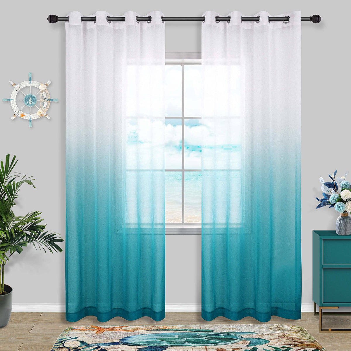 Koufall Teal Curtains 84 Inch Length For Bedroom Coastal Decor Pair Set 2 Panels Ombre Aqua Blue Turquoise Gradient Grommet Wind