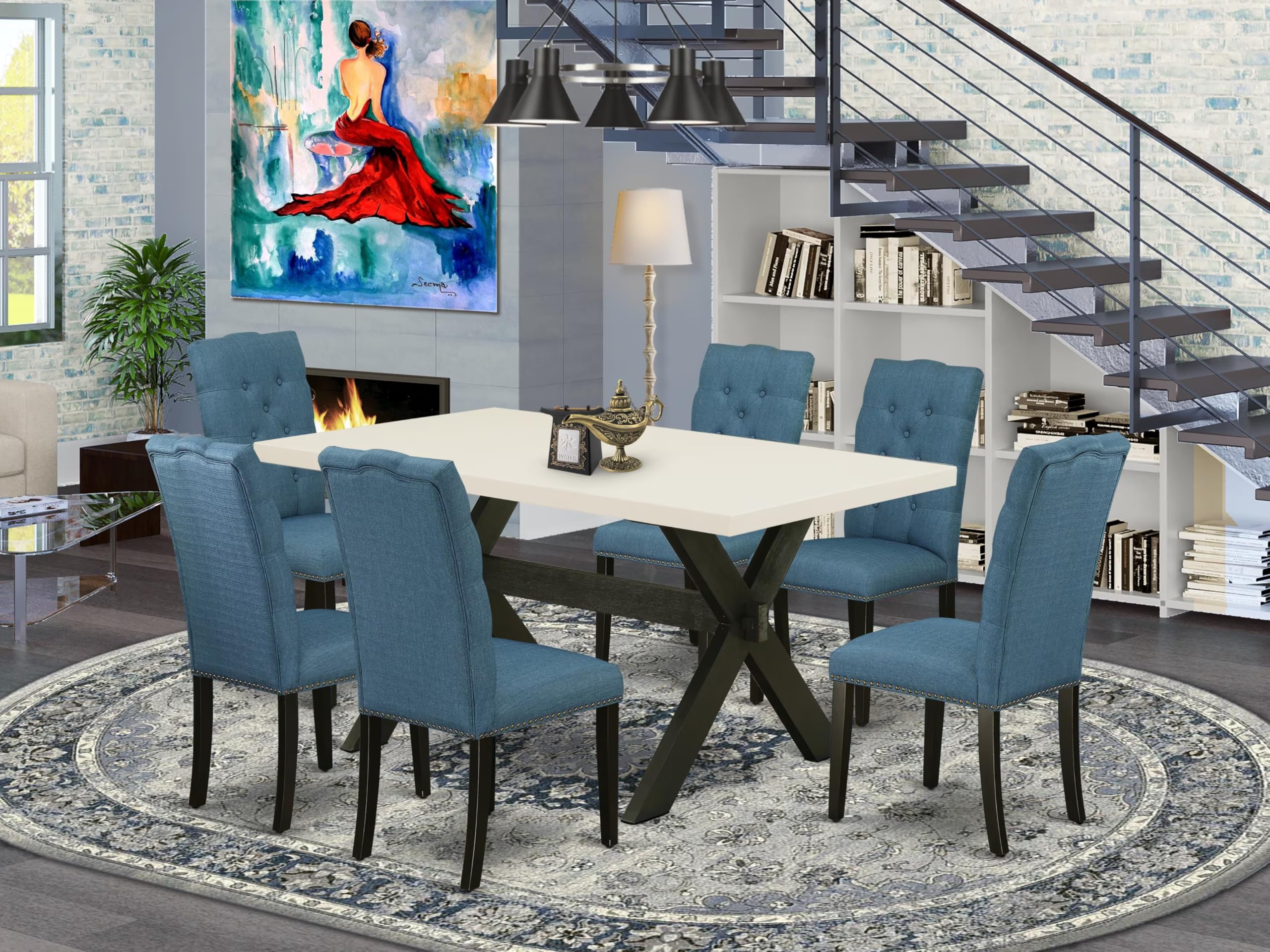 East West Furniture X626El121-7 7 Piece Dining Room Table Set Consist Of A Rectangle Kitchen Table With X-Legs And 6 Blue Linen Fabric Parson Dining Chairs, 36X60 Inch, Multi-Color