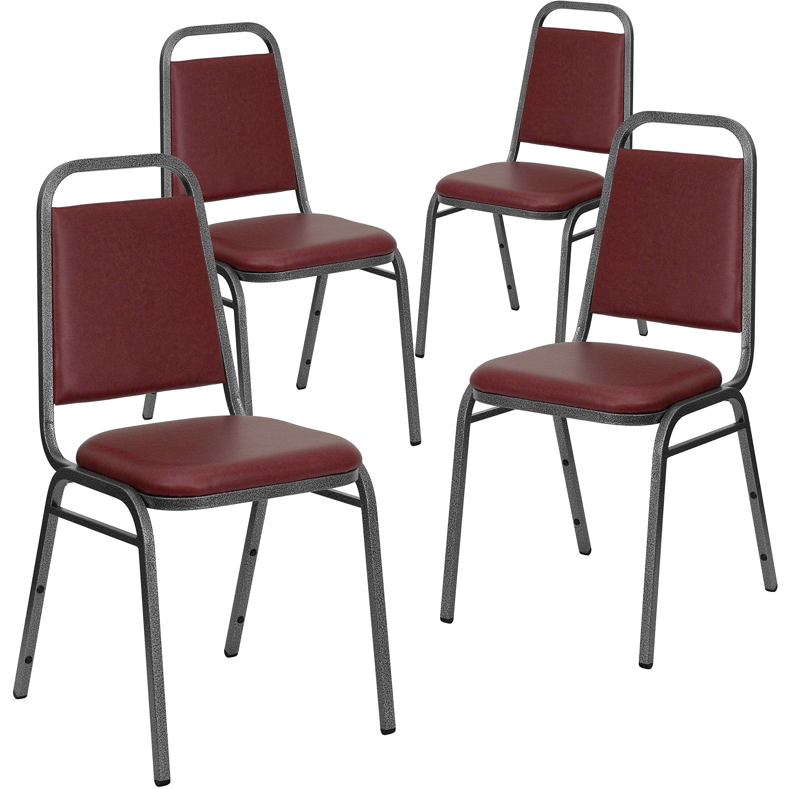 4 Pk Stacking Chair with Burgundy Vinyl and 1.5 Thick Seat - Silver Vein Frame