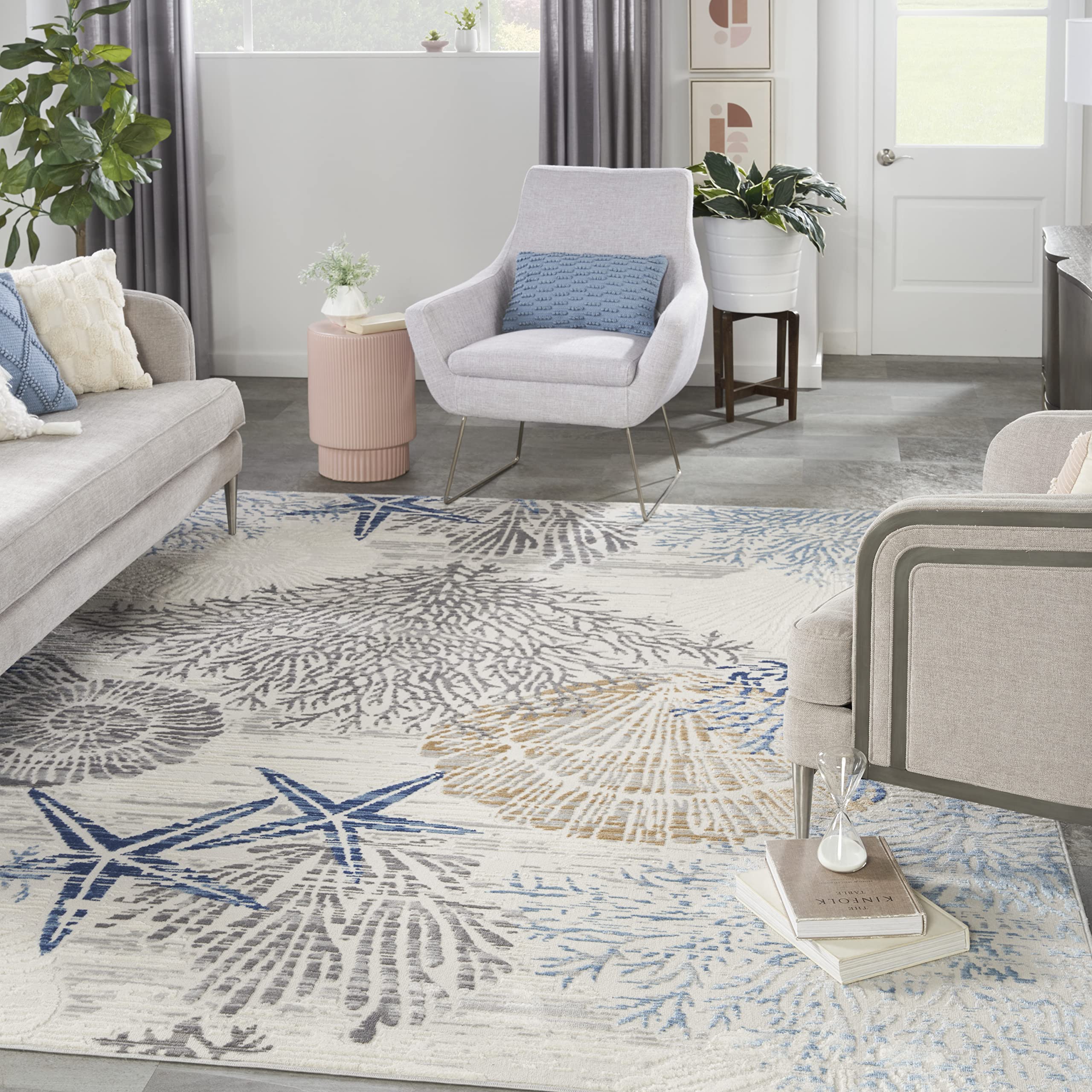 Nourison Pompeii Contemporary Ivory Grey Blue 710 x 910 Area -Rug, Easy -Cleaning, Non Shedding, Bed Room, Living Room, Dining