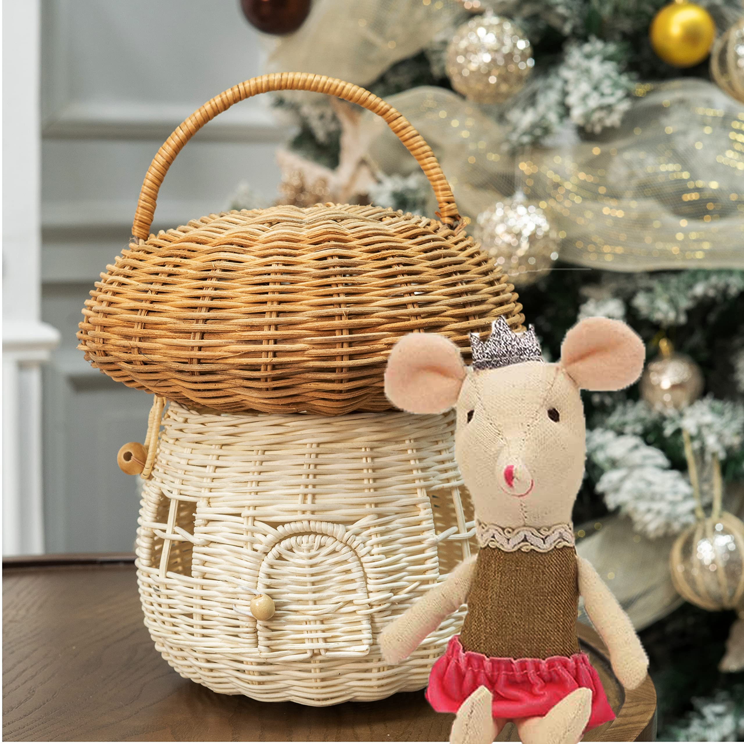 Kolwoven Mushroom Rattan Storage Basket With Lid - Mouse In A Box House- Small Doll House- Decorative Hand Woven Shelf Organizer