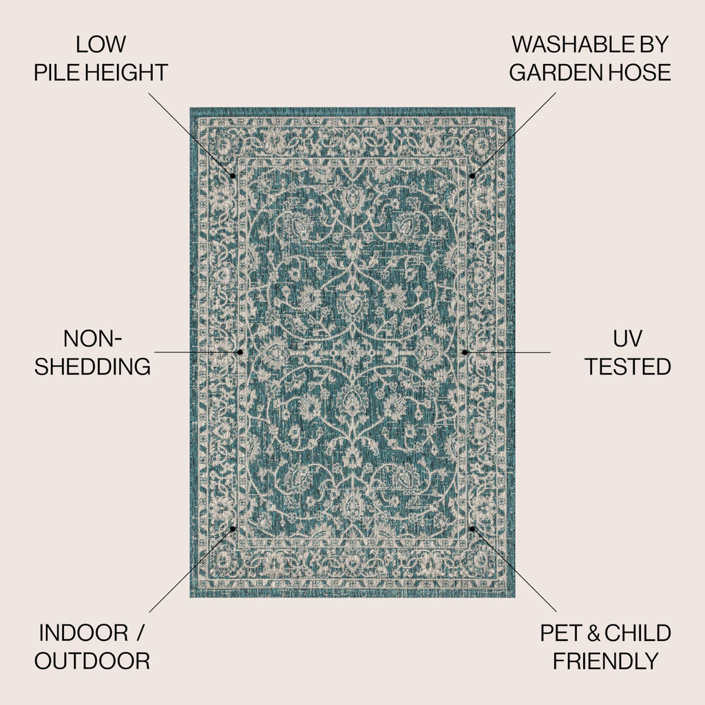 Jonathan Y Smb103B-5 Palazzo Vine And Border Textured Weave Indoor/Outdoor Teal/Gray 5 Ft. X 8 Ft. Area-Rug, Coastal,Easy-Cleaning,Hightraffic,Livingroom,Backyard, Non Shedding
