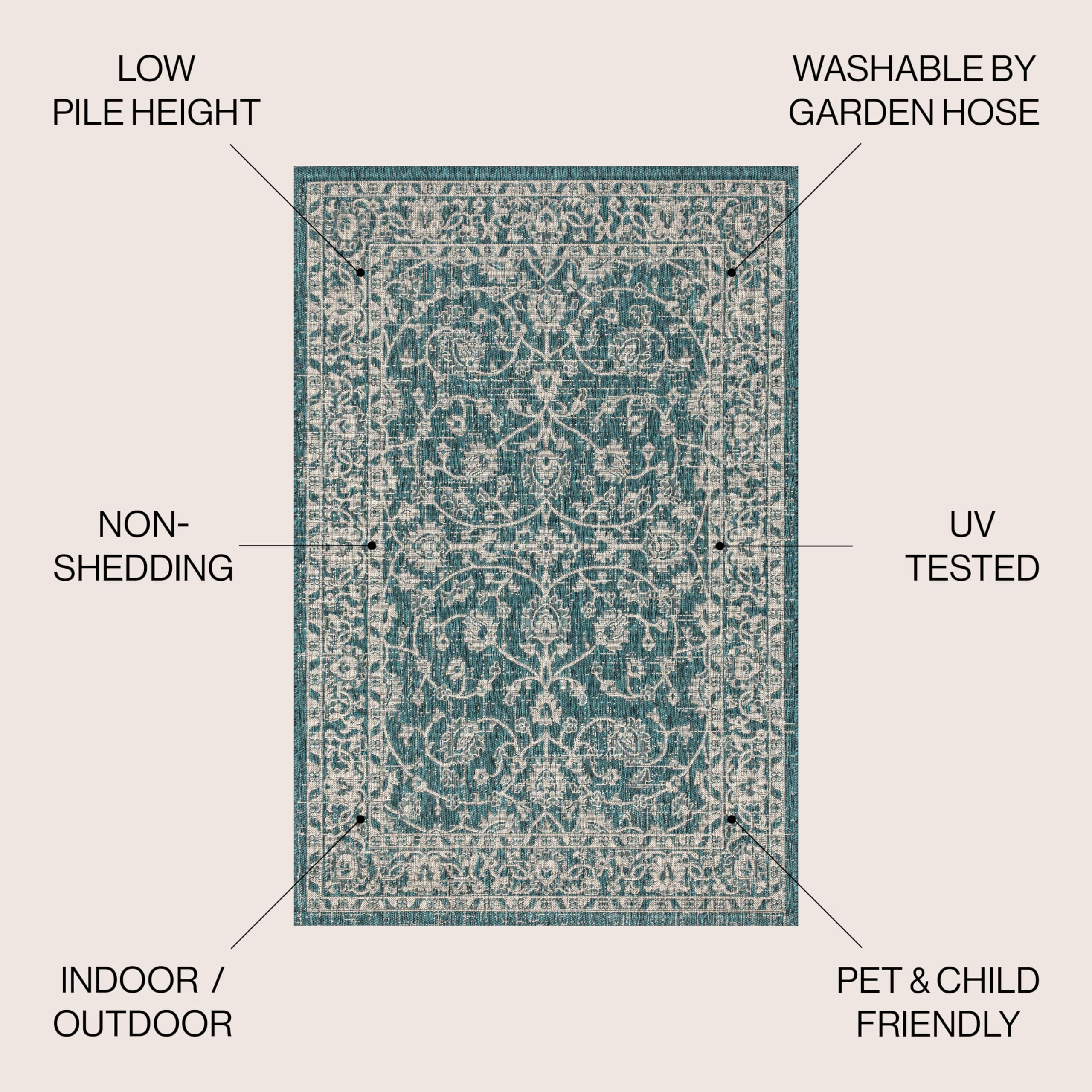Jonathan Y Smb103B-4 Palazzo Vine And Border Textured Weave Indoor/Outdoor Teal/Gray 4 Ft. X 6 Ft. Area-Rug, Coastal,Easy-Cleaning,Hightraffic,Livingroom,Backyard, Non Shedding
