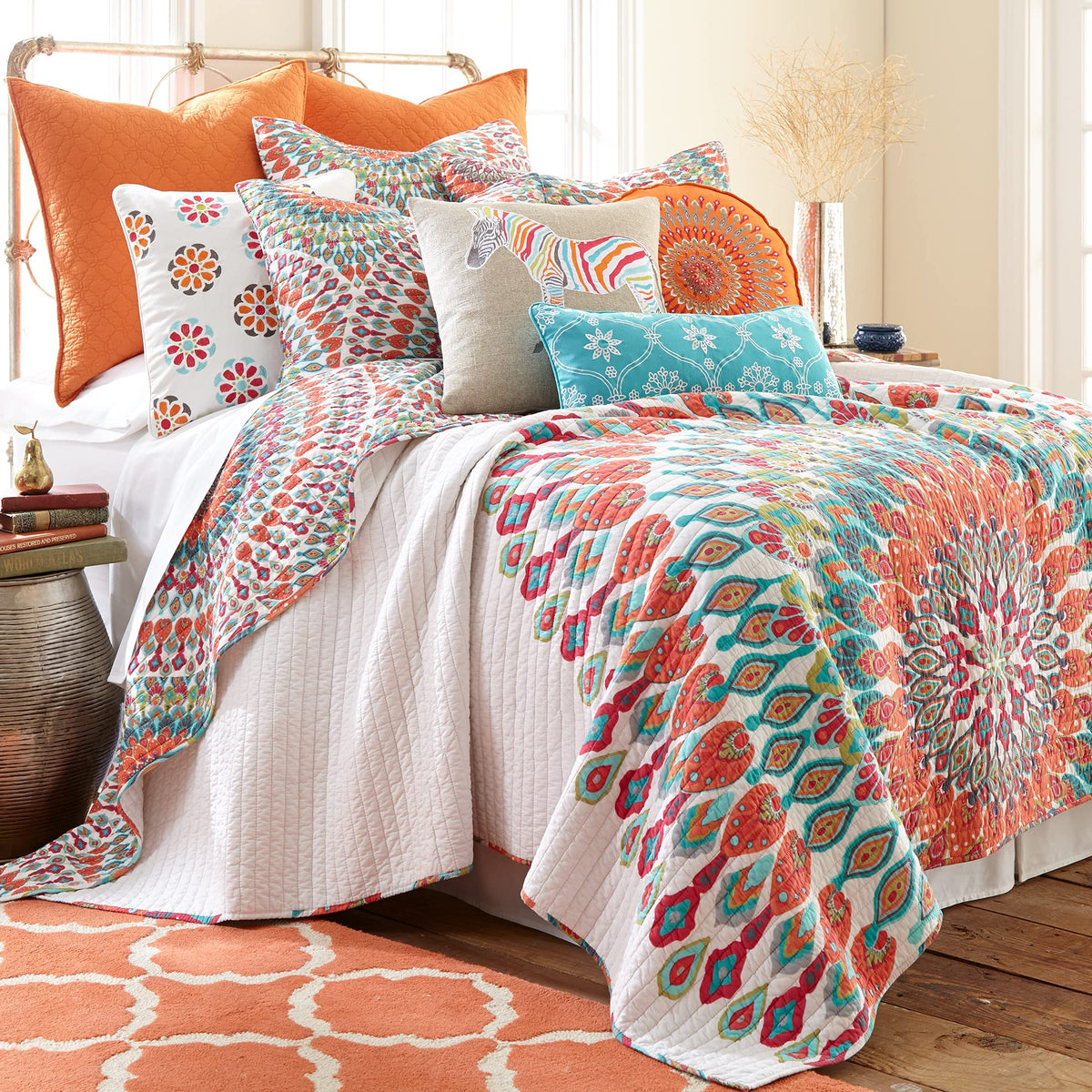 Levtex Home - Mirage Quilt Set - Twin/Twin Xl Quilt + One Standard Pillow Sham - Medallion - Teal Orange Red Green Yellow - Quil