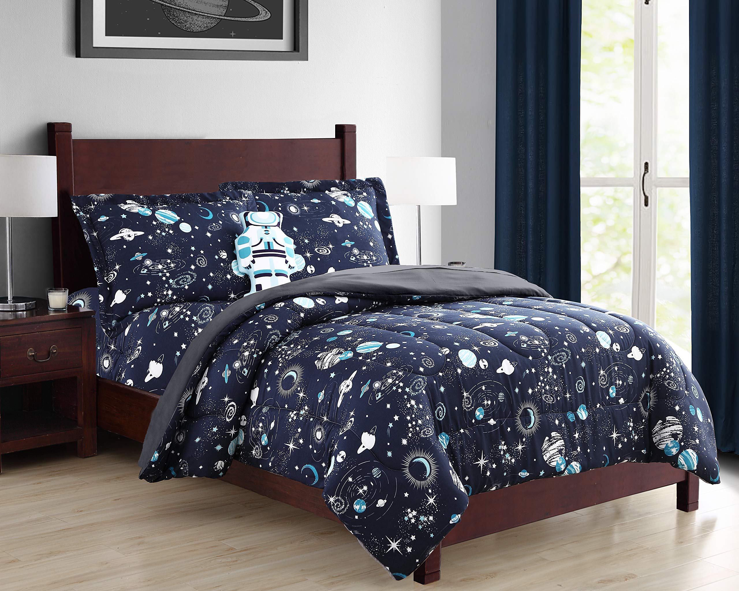 Sapphire Home 3 Piece Space Themed Twin Kids Comforter Set - Kids Bedding - Pillow Sham, Decorative Toy Pillow - Solar System Be