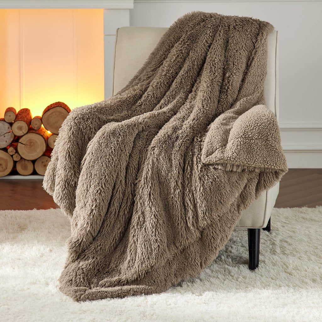 Bedsure Faux Fur Taupe Throw Blanket - Fuzzy, Fluffy, And Shaggy Brown Blanket, Soft And Thick Sherpa, Cozy Warm Decorative Gift