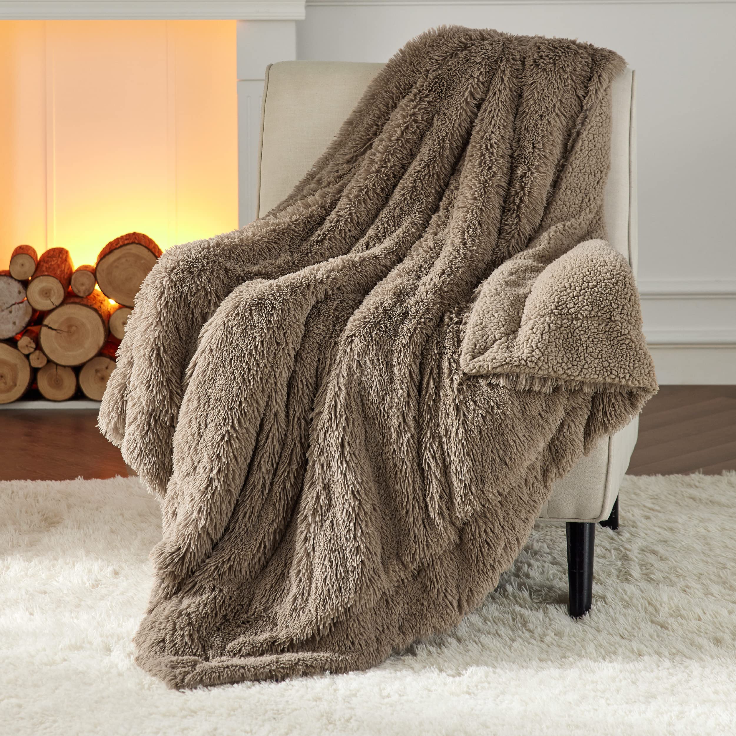 Bedsure Faux Fur Taupe Throw Blanket - Fuzzy, Fluffy, And Shaggy Brown Blanket, Soft And Thick Sherpa, Cozy Warm Decorative Gift