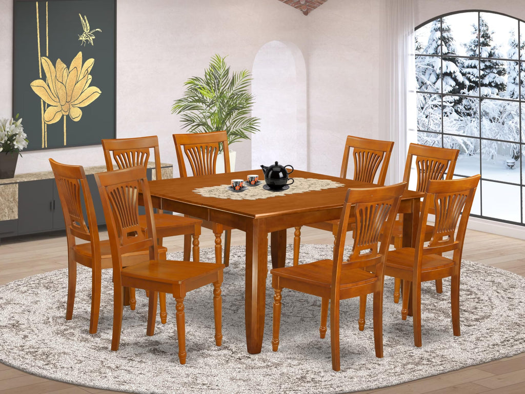 East West Furniture PFPL9-SBR-W 9 Piece Kitchen Table Set Includes a Square Dining Table with Butterfly Leaf and 8 Dining Room Chairs, 54x54 Inch, Saddle Brown