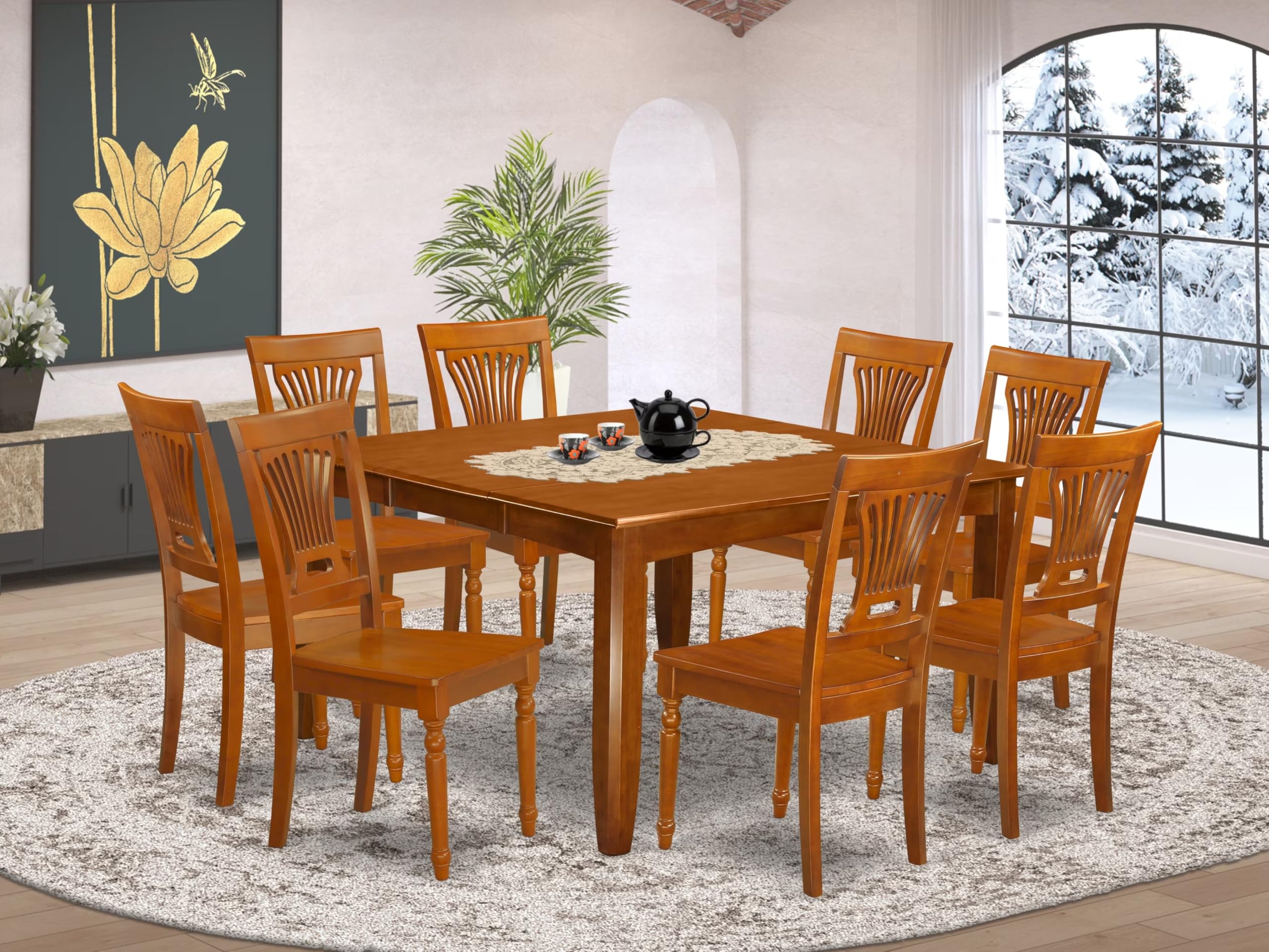 East West Furniture PFPL9-SBR-W 9 Piece Kitchen Table Set Includes a Square Dining Table with Butterfly Leaf and 8 Dining Room Chairs, 54x54 Inch, Saddle Brown