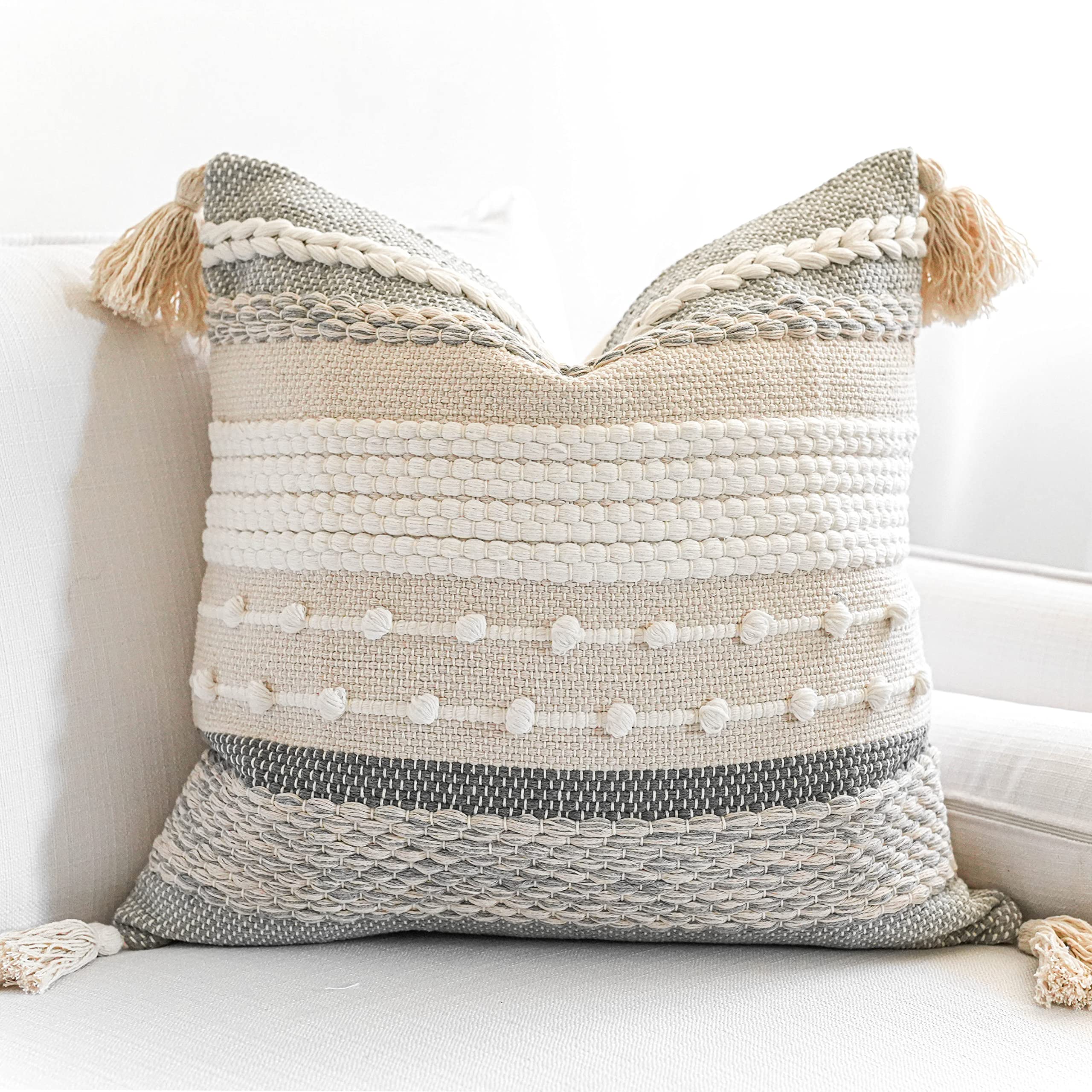 Blissblush Gray Boho Throw Pillow Cover 22X22, Grey Decorative Accent Pillow For Couch, Square Woven Textured Pillowcase, Modern