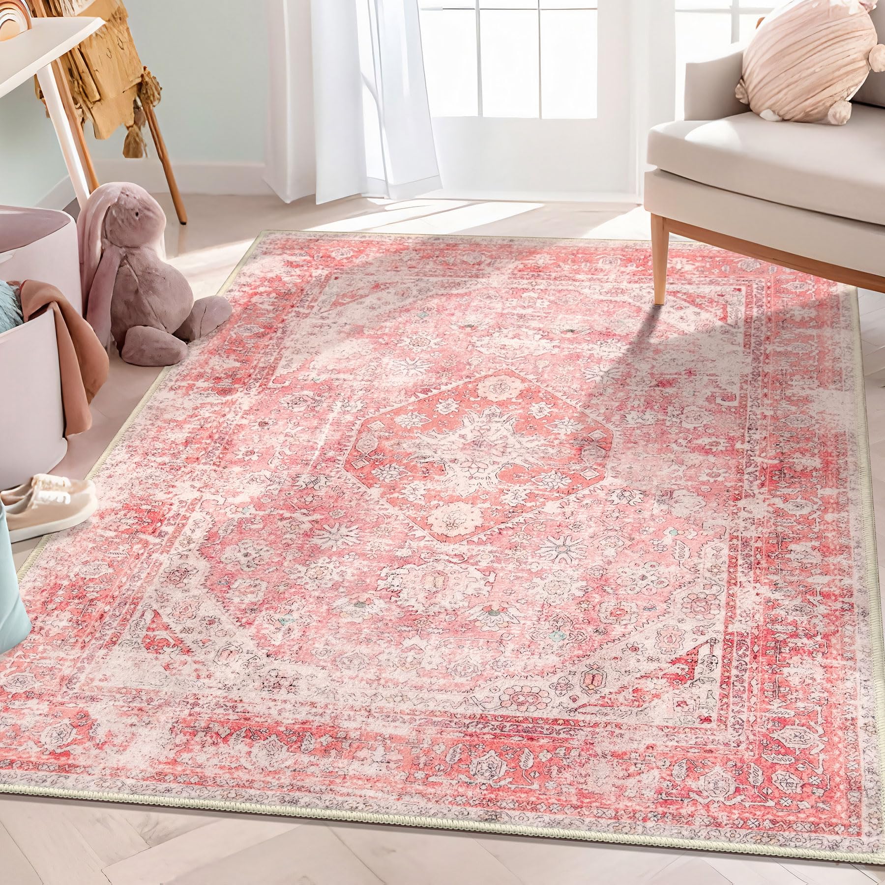 MUJOO Pink Rugs for Bedroom Girls 3x5 Rug Boho Area Rug for Living Room Small Washable Rug Cute Rugs Non Slip Throw Carpet for