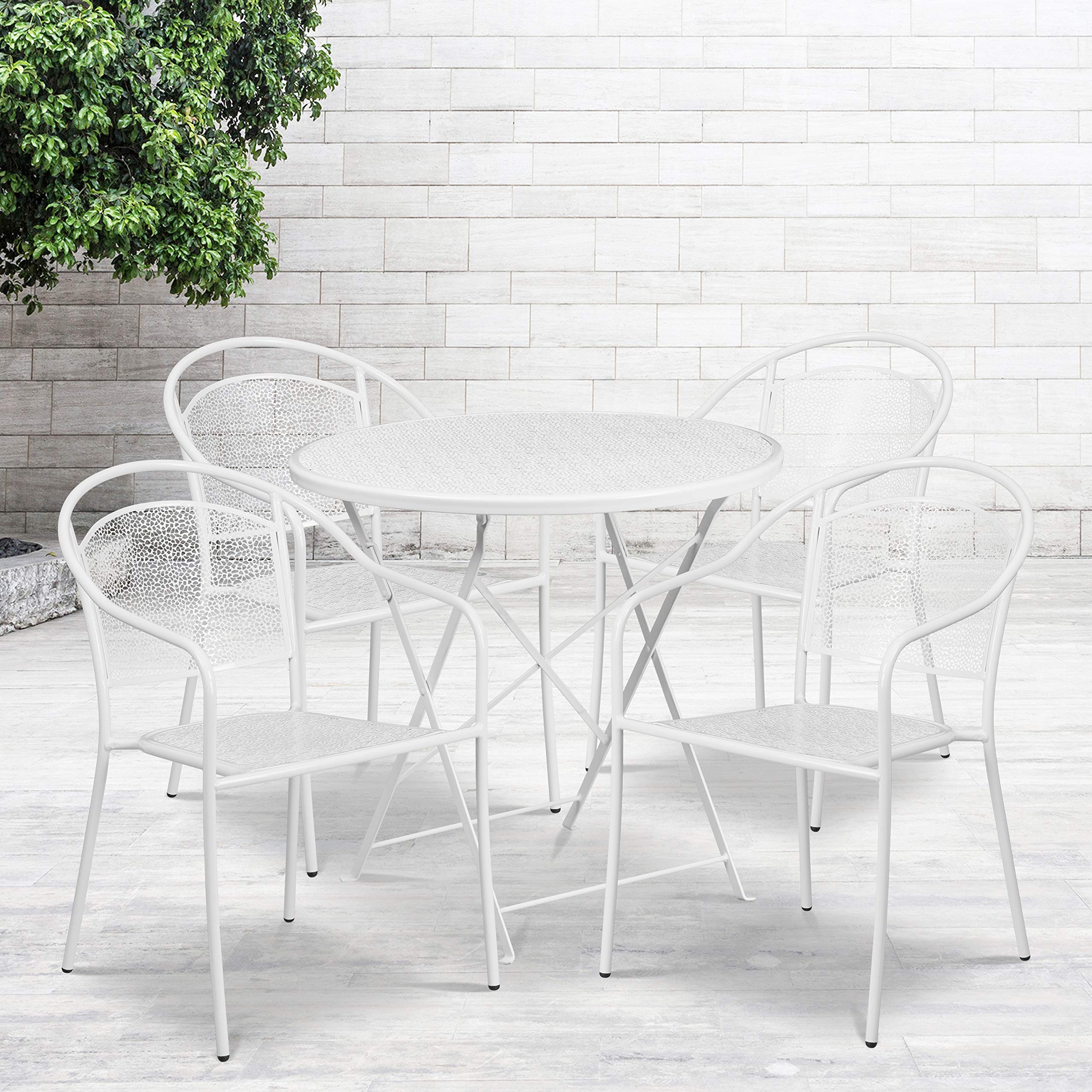 Flash Furniture Commercial Grade 30' Round White Indoor-Outdoor Steel Folding Patio Table Set With 4 Round Back Chairs