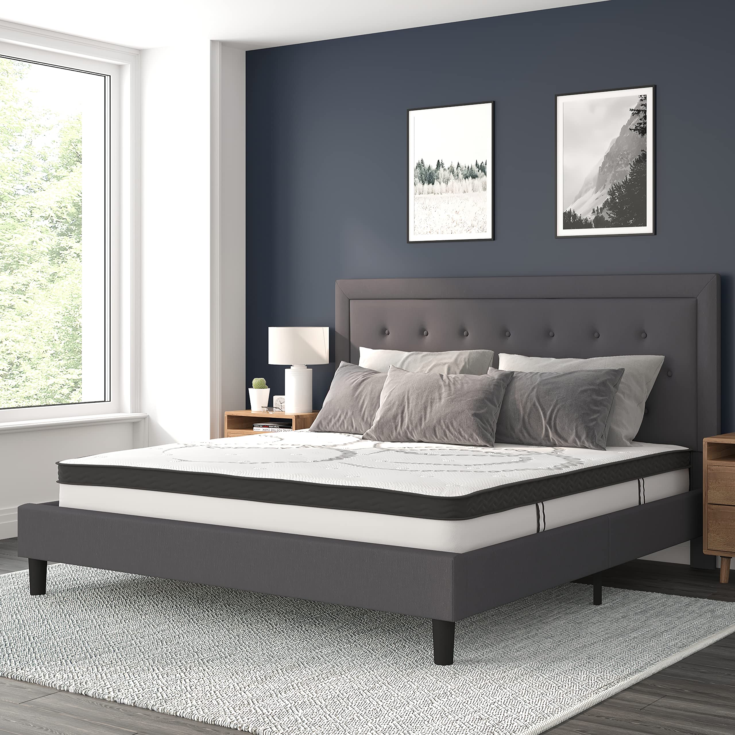 Flash Furniture Roxbury King Size Tufted Upholstered Platform Bed In Dark Gray Fabric With 10 Inch Certipur-Us Certified Pocket Spring Mattress