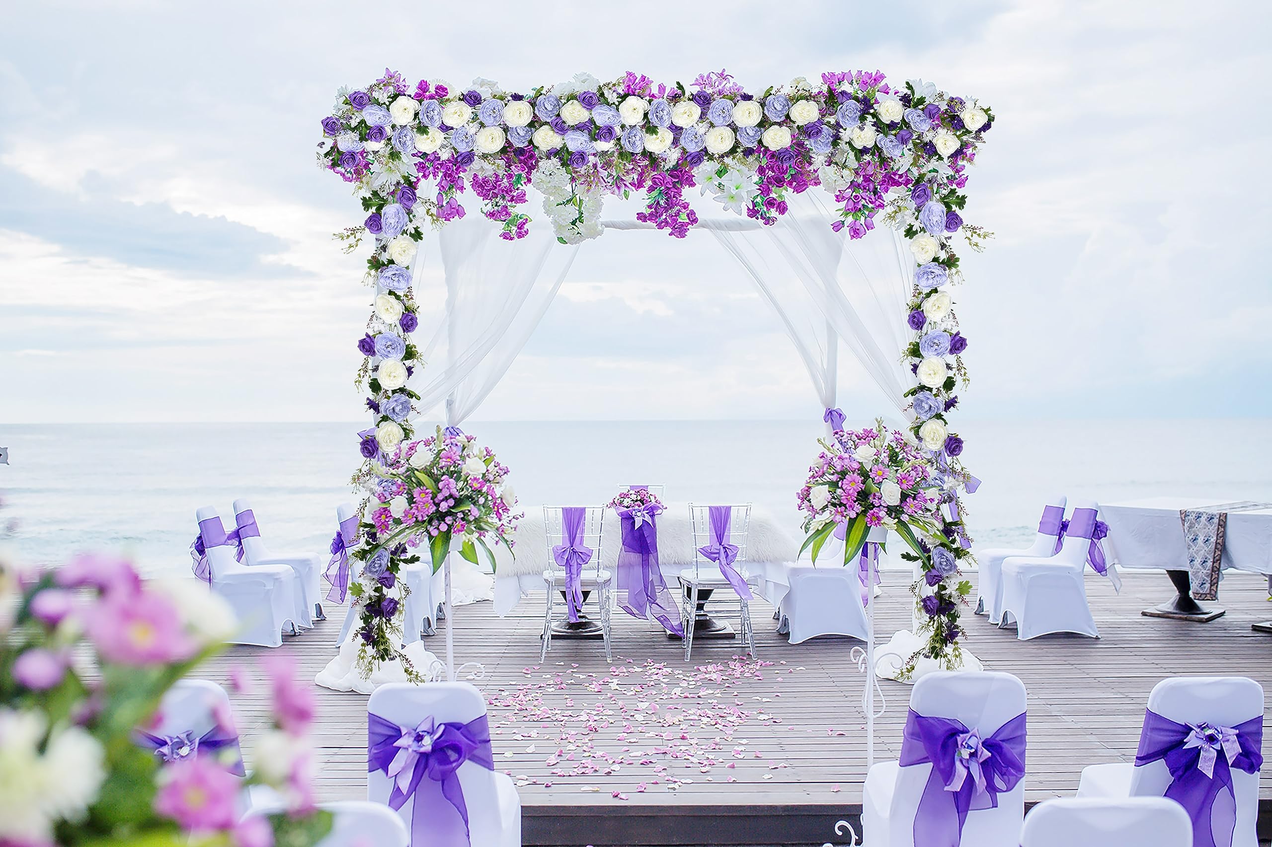 Dearhouse 2Pack Artificial Peony Flower Garland - Silk Peony Garland With Purple White Flowers For Wedding Party Table Decoratio