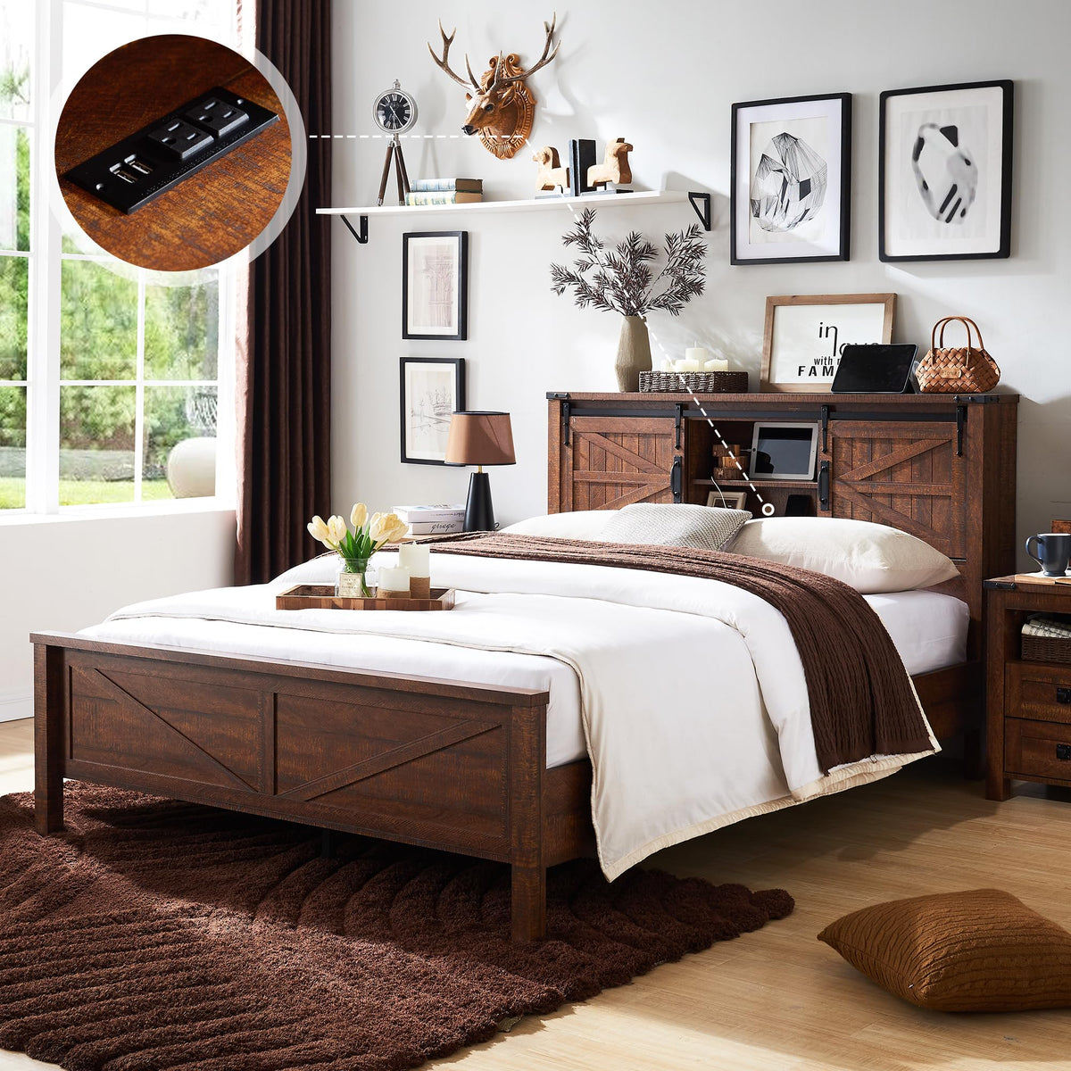 T4TREAM Farmhouse Full Size Bed Frame w/Storage Bookcase Headboard, Sliding Barn Door, Charging Station, Rustic Wood Platform Be