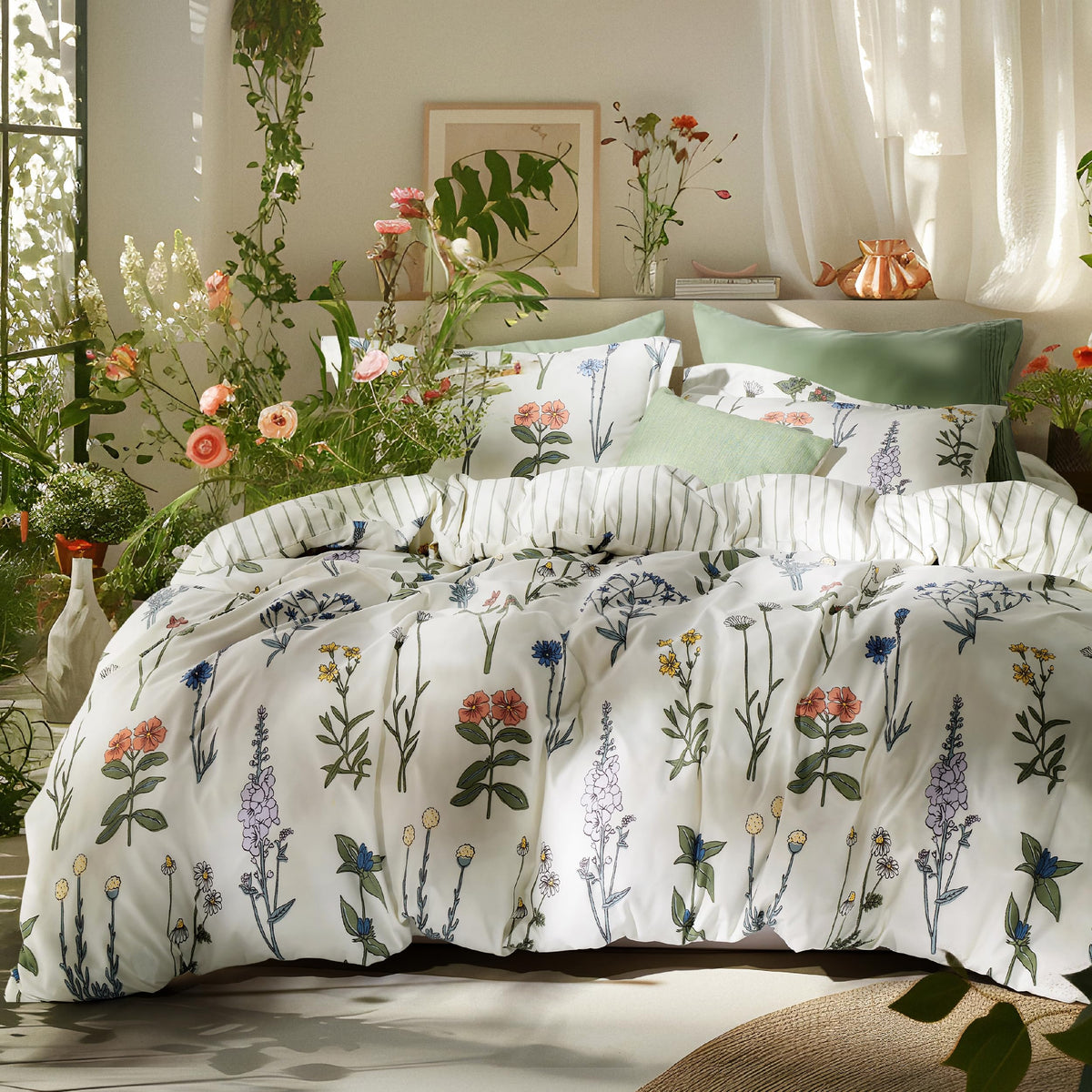 Bedsure Comforter Set King Size - Cute Floral Bedding Comforter Set, 3 Pieces, 1 Soft Reversible Coconut White Botanical Flowers