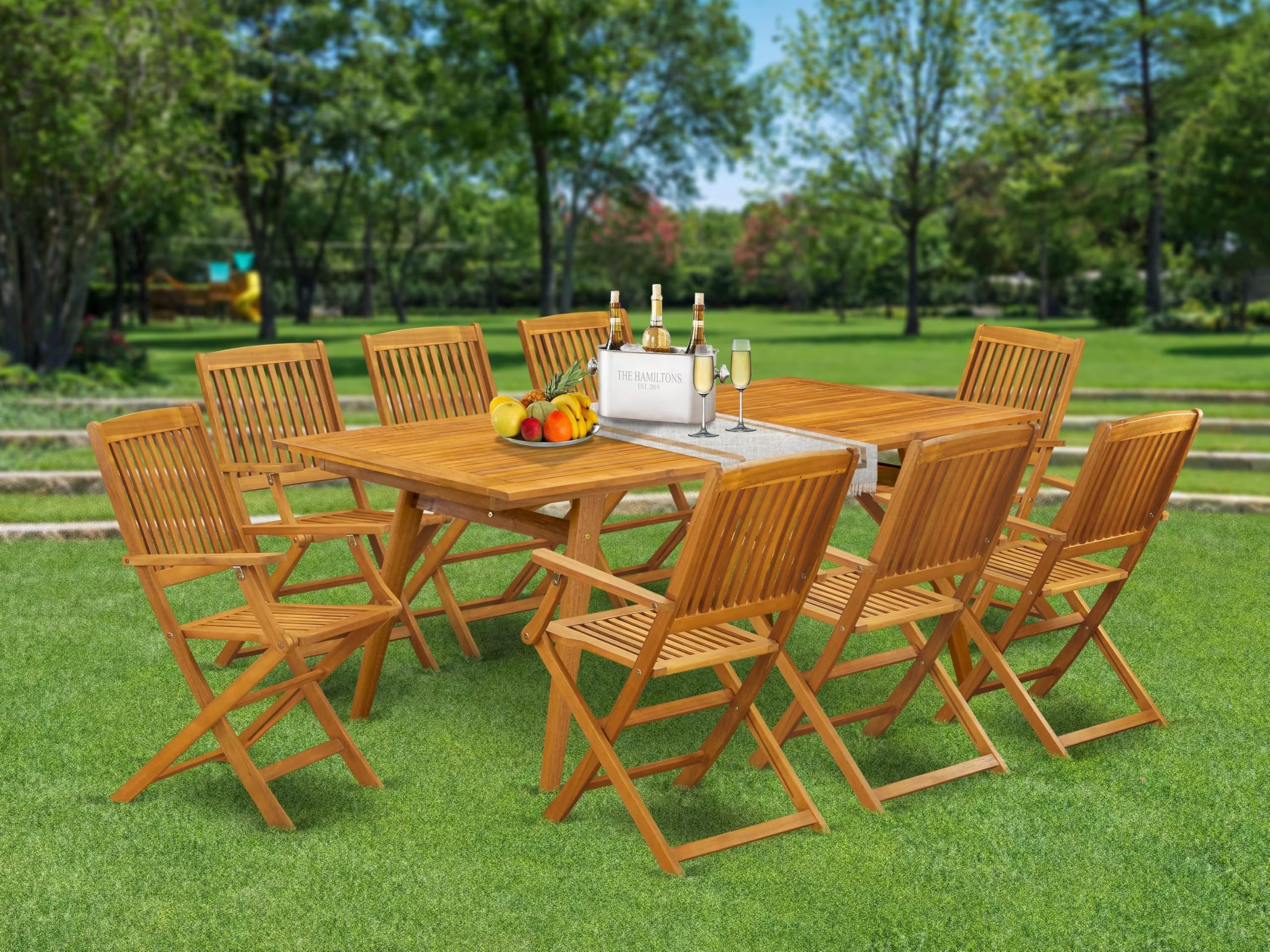 East West Furniture Decm9Cana 9 Piece Patio Bistro Dining Furniture Set Includes A Rectangle Outdoor Acacia Wood Table And 8 Folding Arm Chairs, 40X72 Inch, Natural Oil
