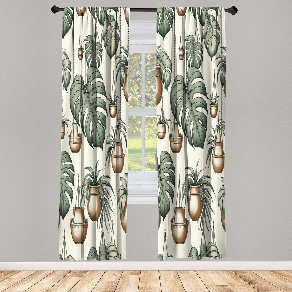 Ambesonne Tropical Curtains, Modern Greenery Monstera Leaves And Flowerpots Illustration Bohemian, Window Treatments 2 Panel Set