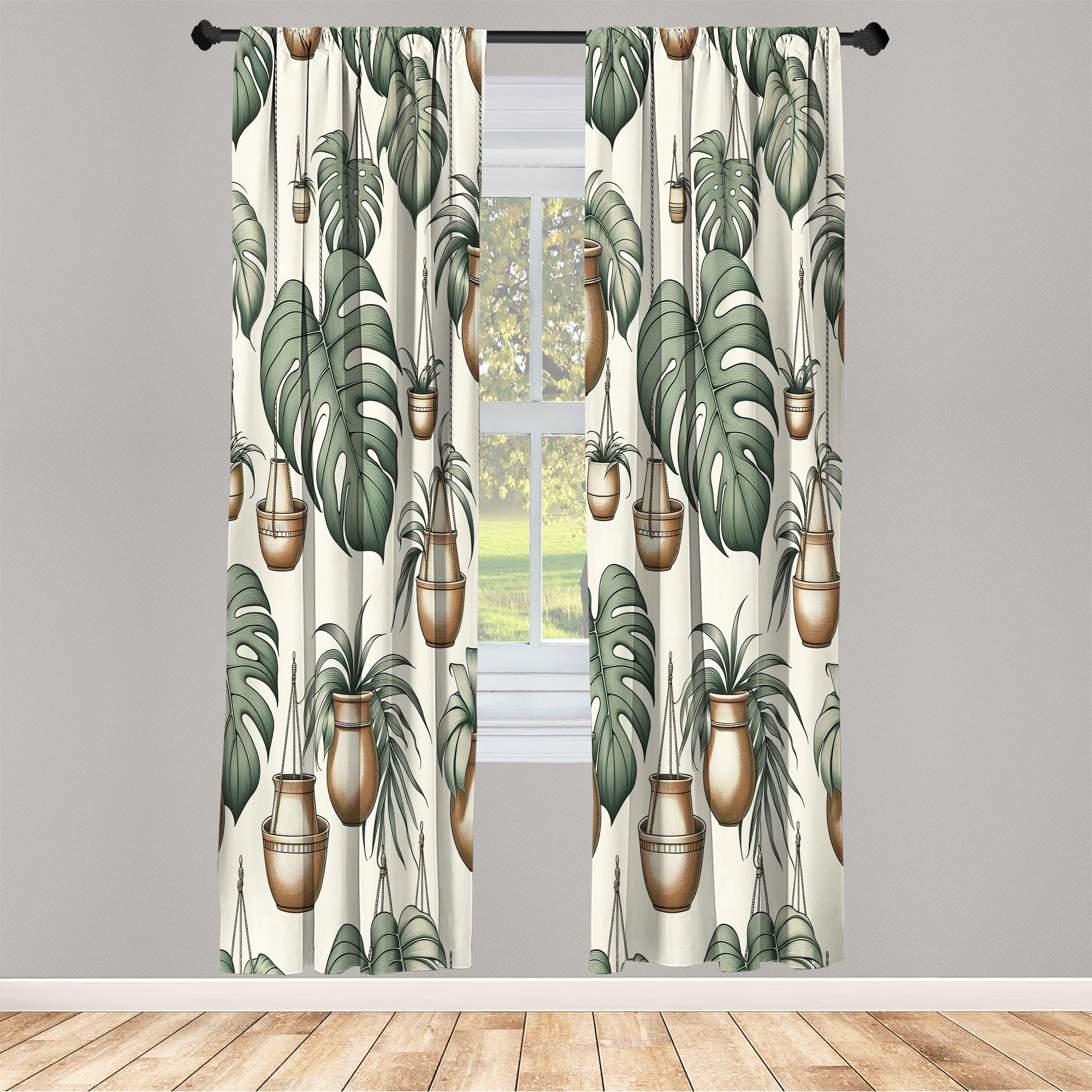 Ambesonne Tropical Curtains, Modern Greenery Monstera Leaves And Flowerpots Illustration Bohemian, Window Treatments 2 Panel Set