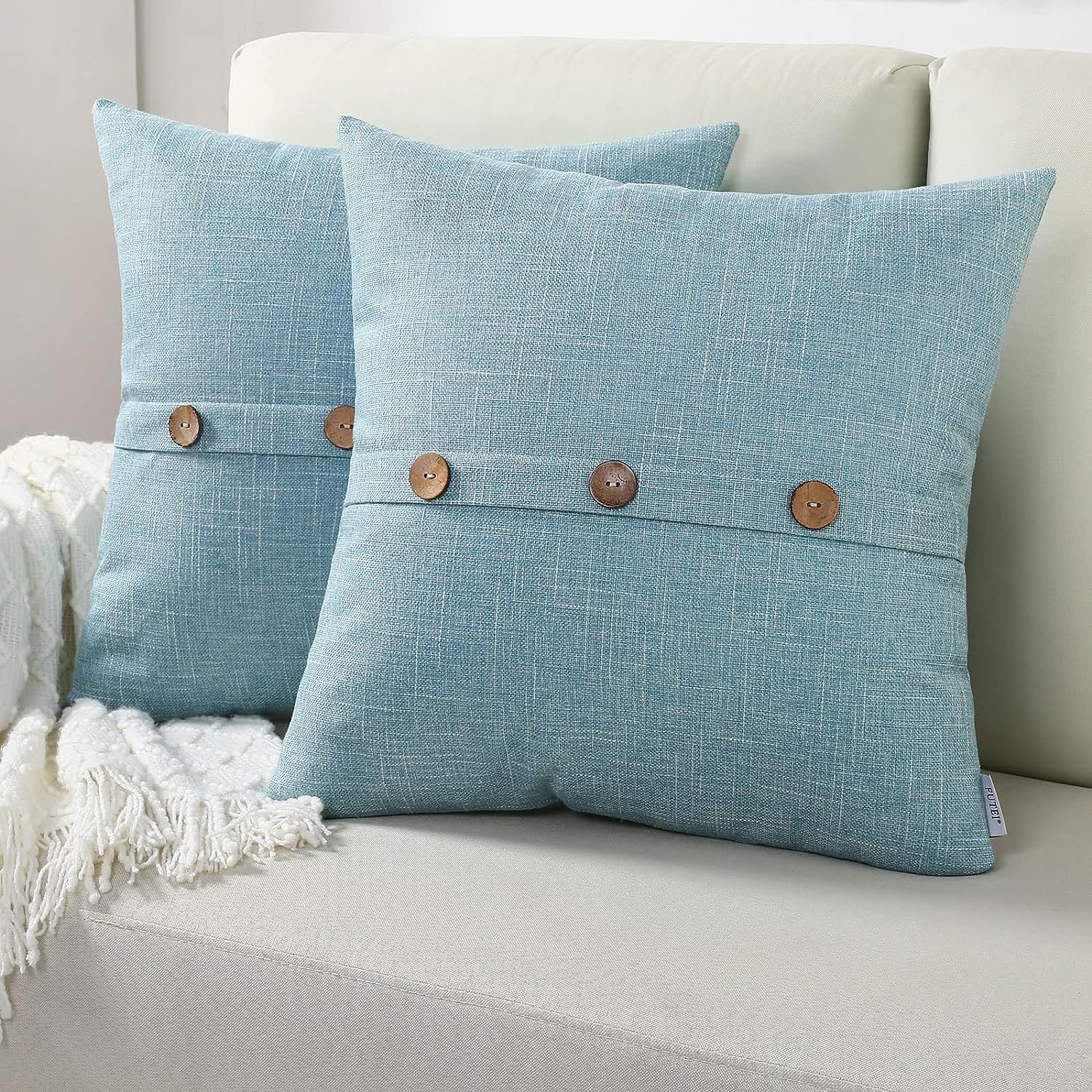 Futei Light Blue Linen Decorative Throw Pillow Covers 18X18 Inch Set Of 2, Square Cushion Case With Vintage Button/Zipper,Modern
