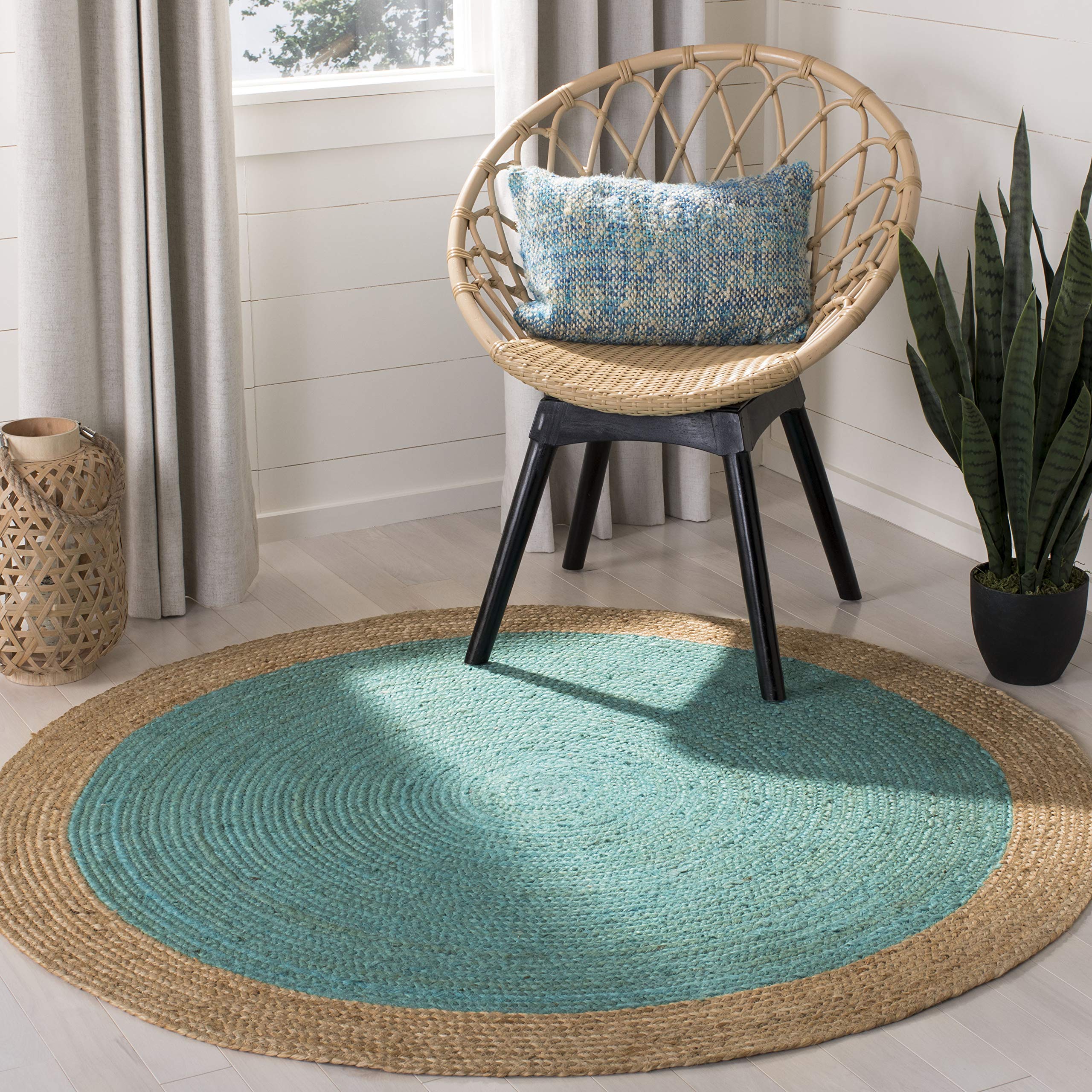SAFAVIEH Natural Fiber Collection Area Rug - 6 Round, Teal & Natural, Handmade Boho Braided Jute, Ideal for High Traffic Areas 