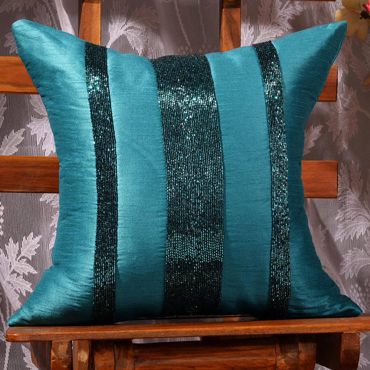 Scarlett Linens Teal Embroidered Cushion Covers 16X16 Inches | Green Beaded Cushion Covers Pack Of 1 | Festive Decorative Cushio