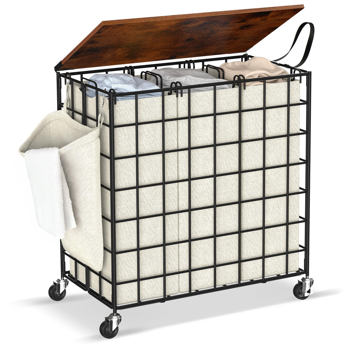 DXIGUSO Laundry Basket with Wheels, Heavy Duty Laundry Sorter 3 Sections, 140L (37Gal.) Large Capacity Laundry Hamper with Wood 