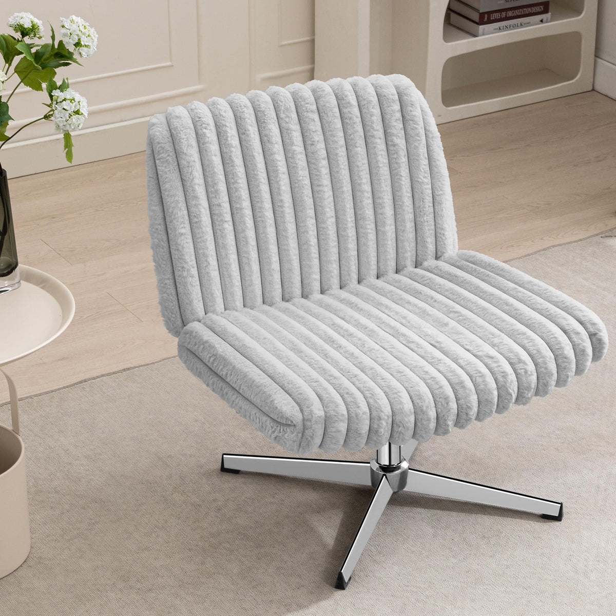 Brick Attic Criss Cross Chair, Armless Office Chair For Home & Bedroom, Plush Swivel Desk Chair No Wheels, Wide Vanity Makeup Ch