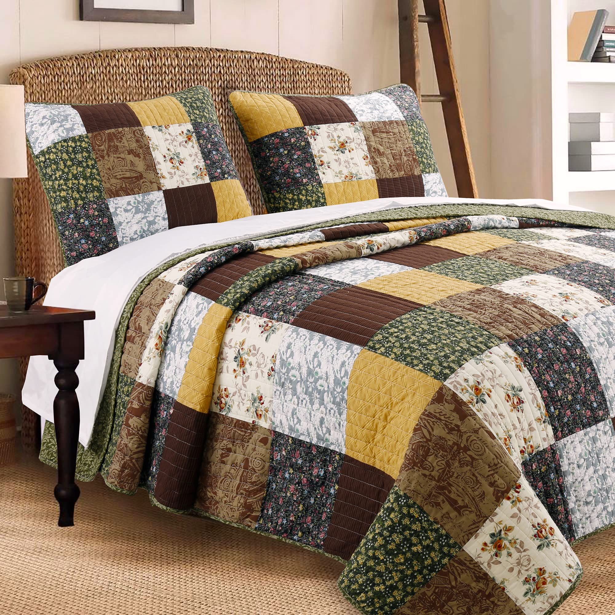 Cozy Line Home Fashions Olive Country Style Yellow Cotton Real Patchwork Quilt Bedding Set, Reversible Coverlet, Bedspread (Brow