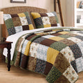 Cozy Line Home Fashions Vintage Farmhouse Floral Patchwork 3-Piece Warm Rich Brown Olive Mustard Yellow Cotton Reversible King Q