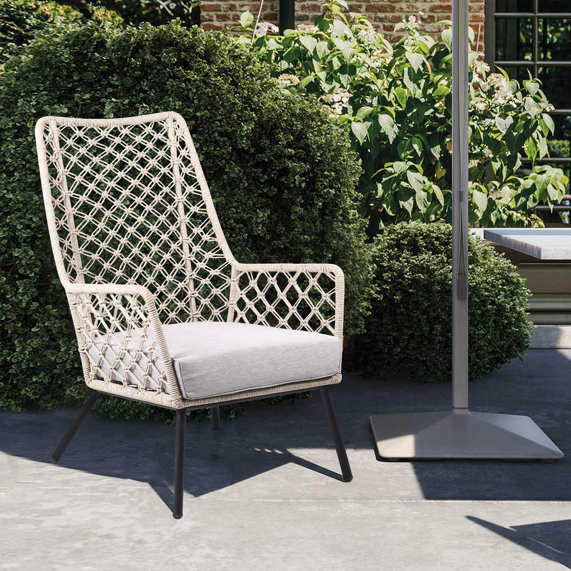 Armen Living LCMPCHNAT Marco Indoor Outdoor Steel Lounge Chair with Natural Springs Rope and Grey Cushion