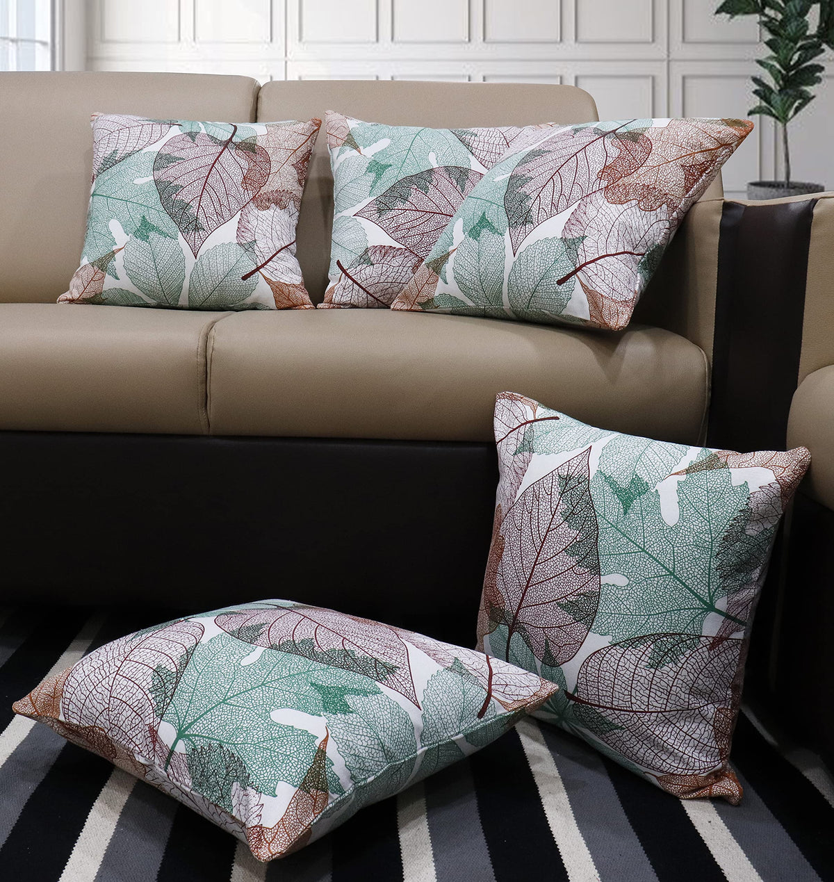 Airwill Cotton Vein Leaf Themed Cushion Covers For Cushions & Pillows (Pink & Green, Pack Of 5)