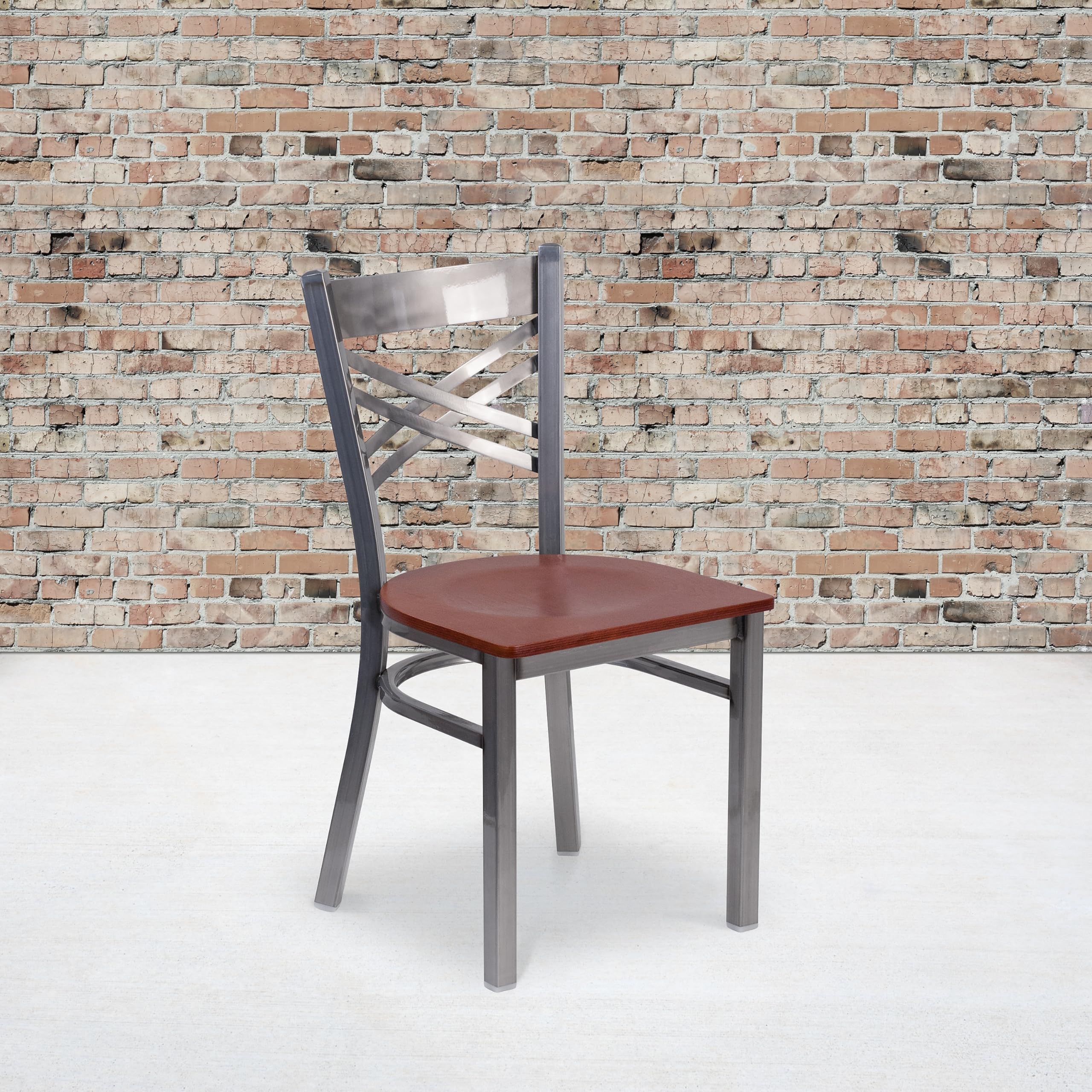 Flash Furniture Hercules Series Clear Coated ''X'' Back Metal Restaurant Chair - Cherry Wood Seat
