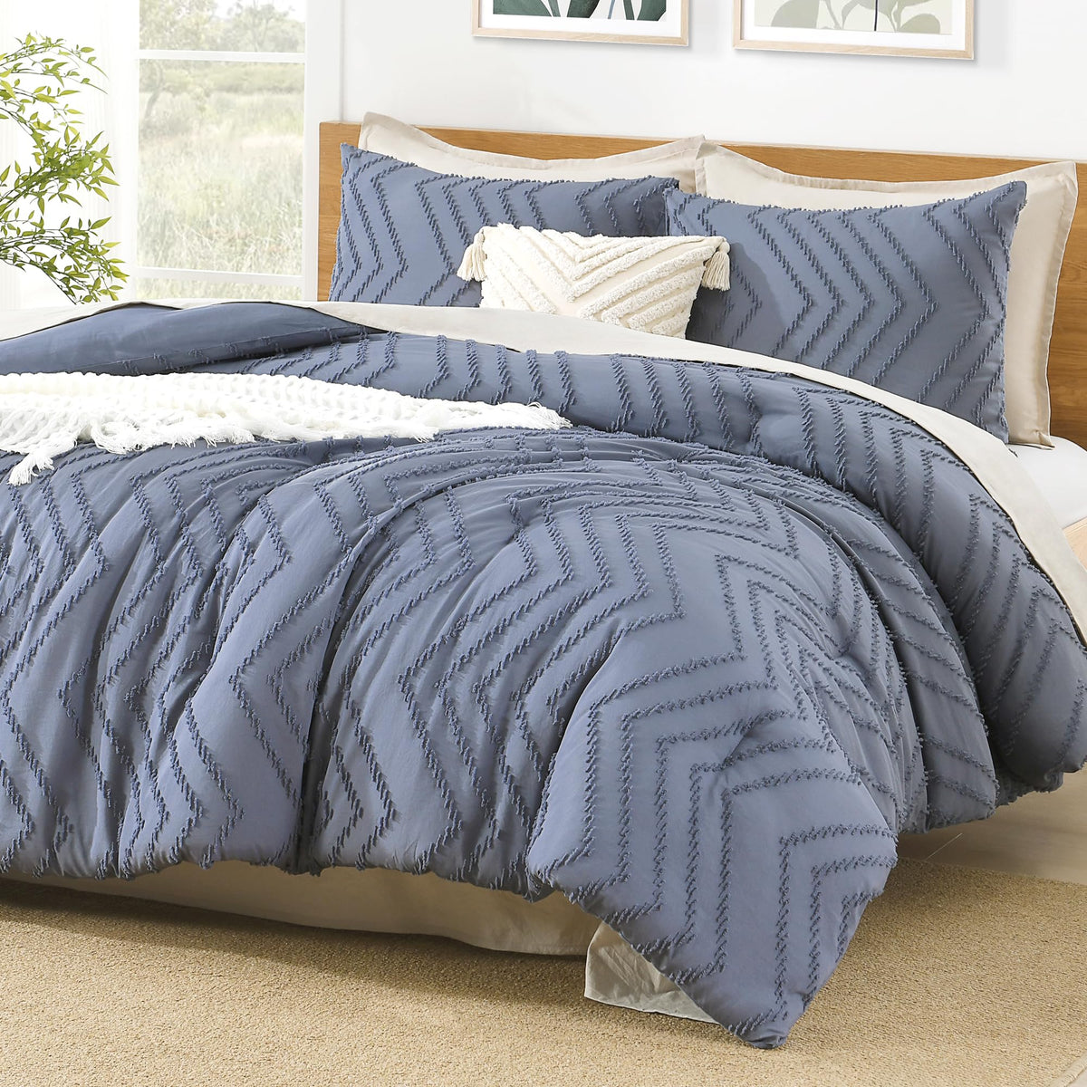 Litanika Bluish Grey California King Size Comforter Set, 3 Pieces Chevron Tufted Bedding Set & Collections, All Season Bed Set (