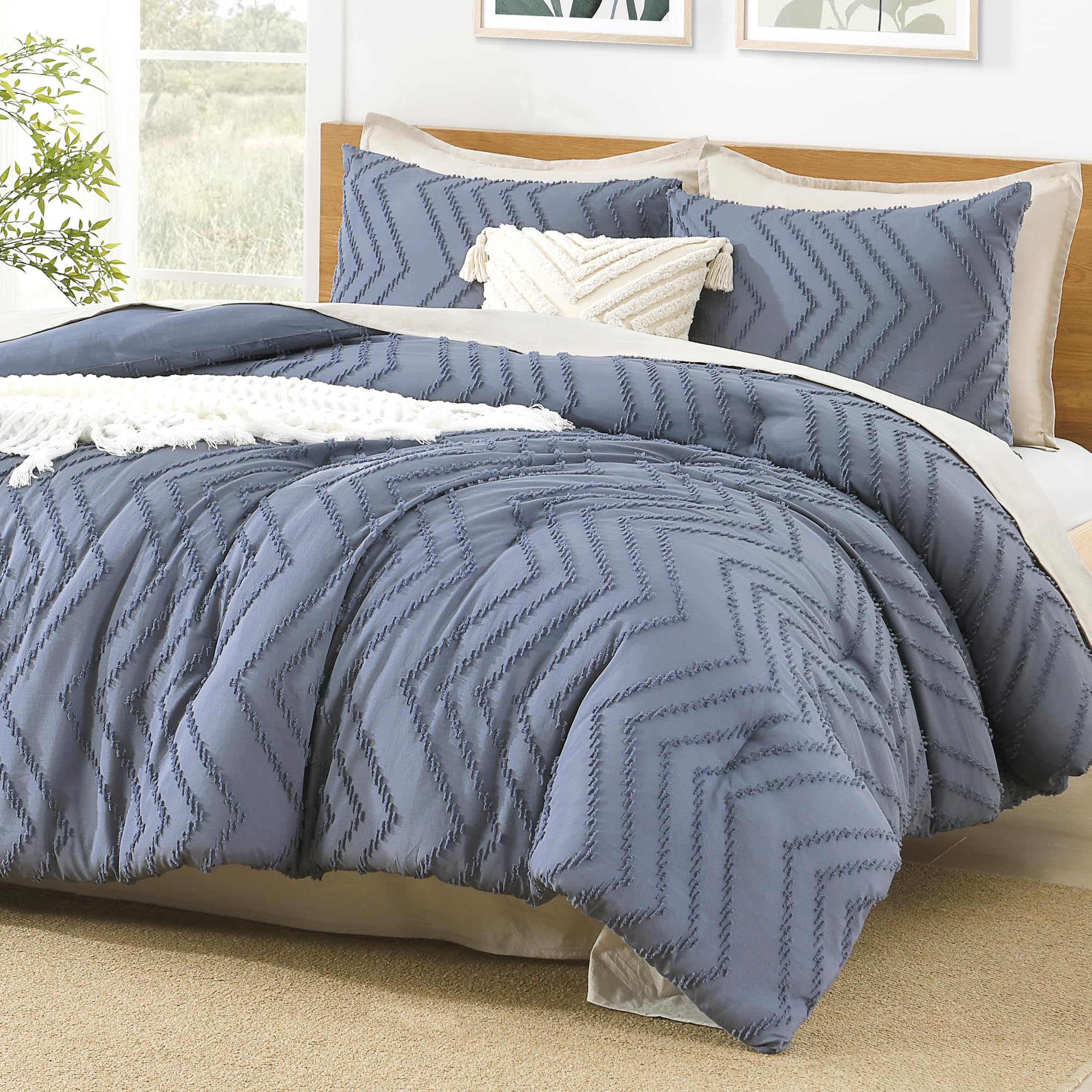 Litanika Bluish Grey California King Size Comforter Set, 3 Pieces Chevron Tufted Bedding Set & Collections, All Season Bed Set (
