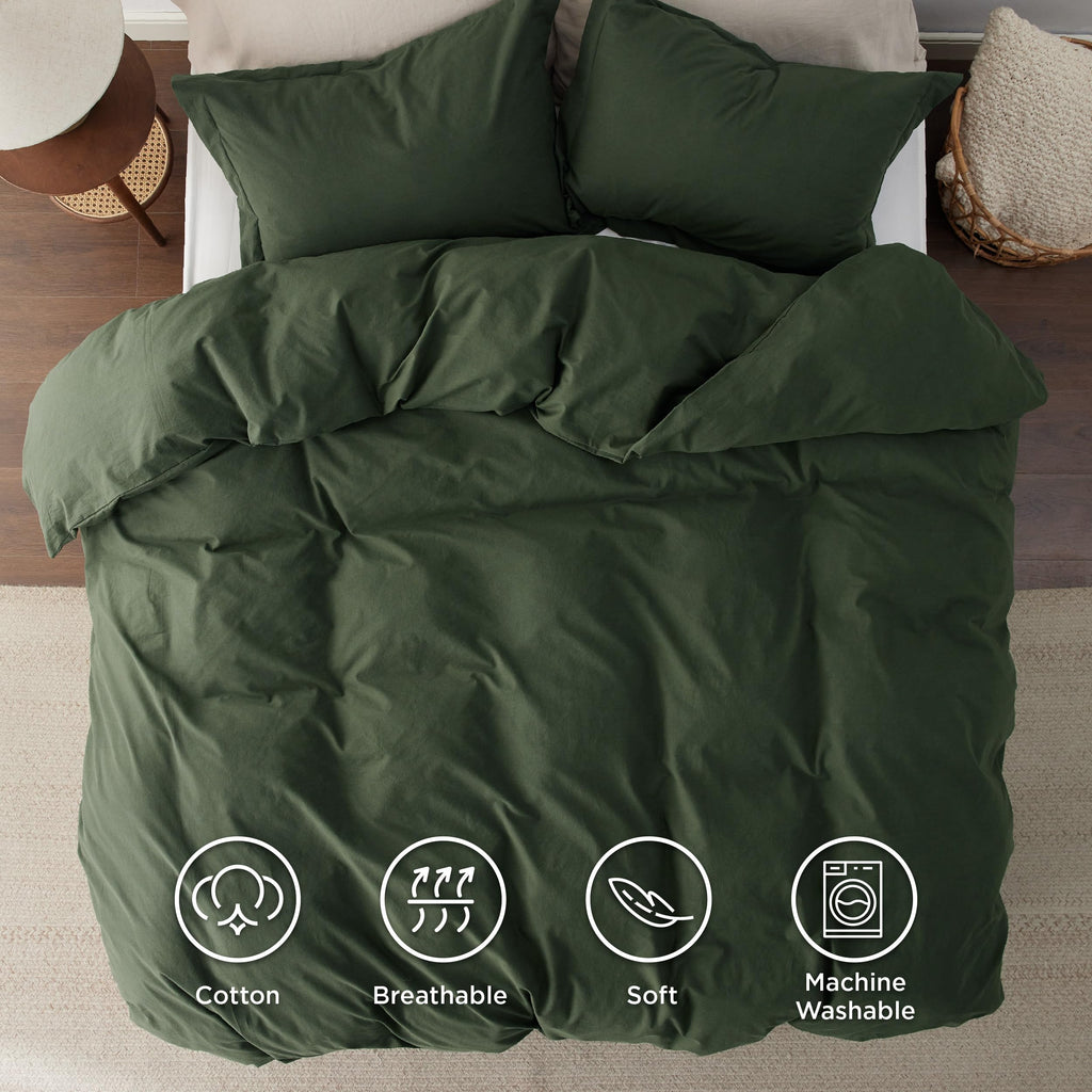 Bedsure Washed Cotton Duvet Cover Set - Olive Green, Queen (90"x90"), 3 Pieces with 2 Pillow Shams, GentleSoft™ Minimalist Bedding