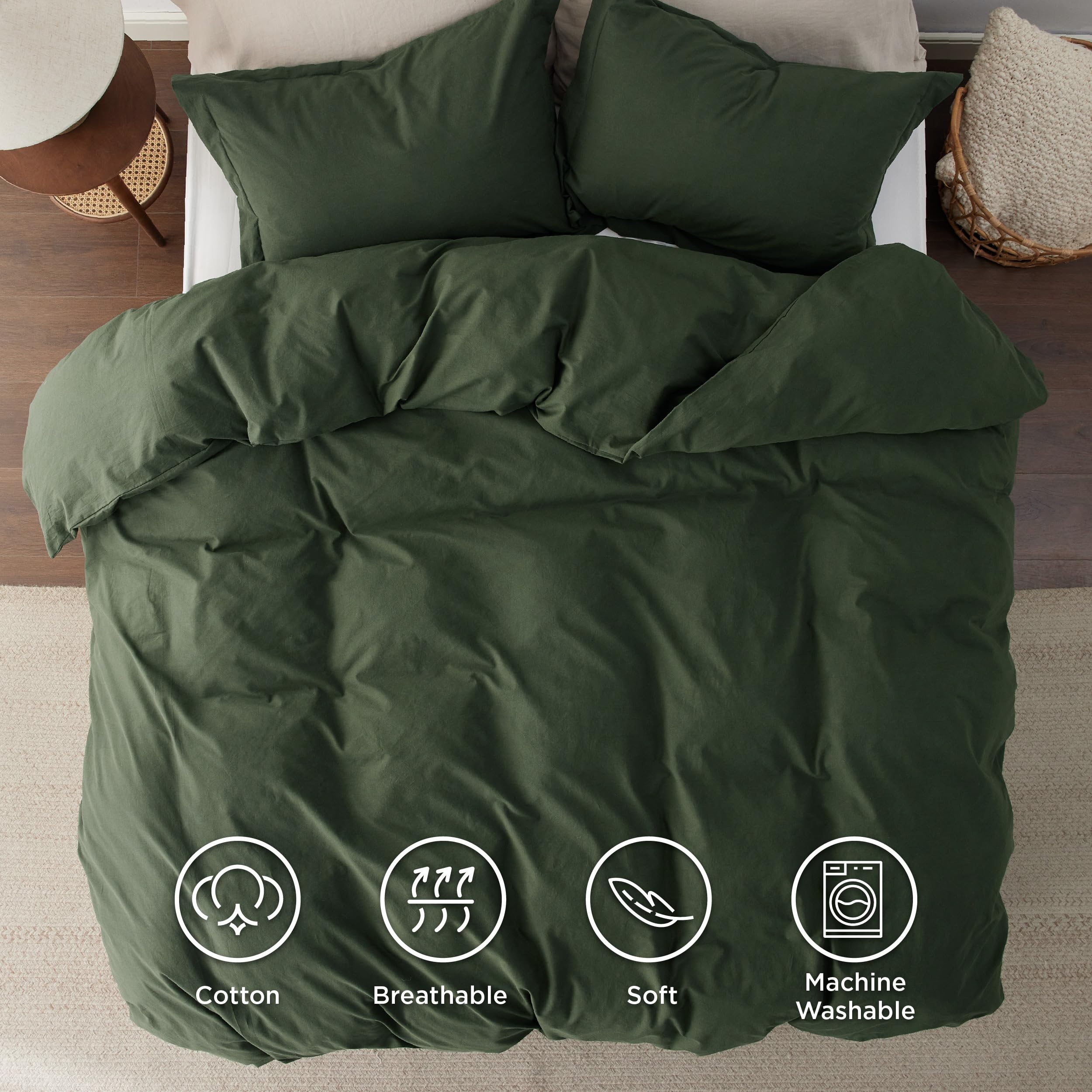 Bedsure Washed Cotton Duvet Cover Set - Olive Green, Queen (90"x90"), 3 Pieces with 2 Pillow Shams, GentleSoft™ Minimalist Bedding